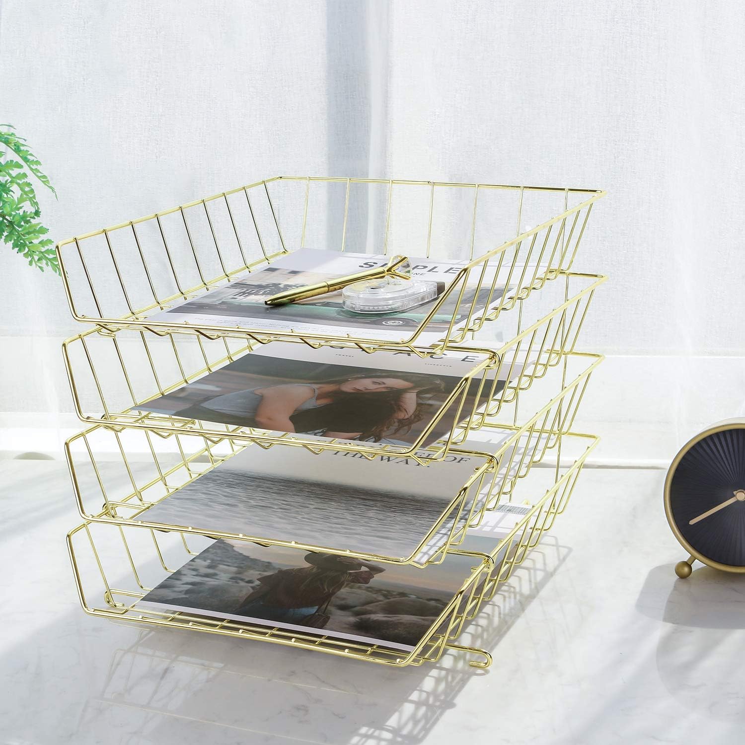 Simmer Stone Stackable Letter Tray, 4-Tier Desk File Organizer for Mails, Magazines, Documents and Accessories, Wire Paper Tray for Home, School and Office, Gold