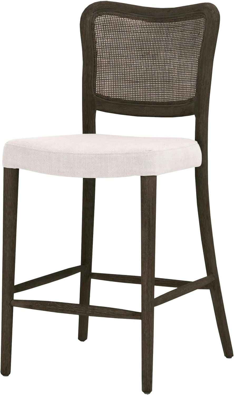 Benjara Aina 25 Inch Counter Stool, Curved Back, Cane Inserted, White, Oak Brown