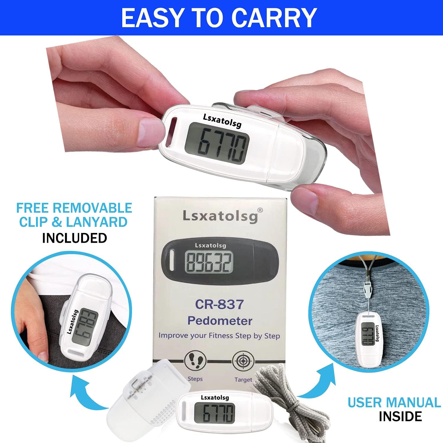 USB Charge Walking 3D Pedometer with Clip and Lanyard, Simple Step Counter with Rechargeable Battery, Accurate Fitness Tracker, Digital Daily Target Monitor with Large Luminous LCD Display for Whole Family