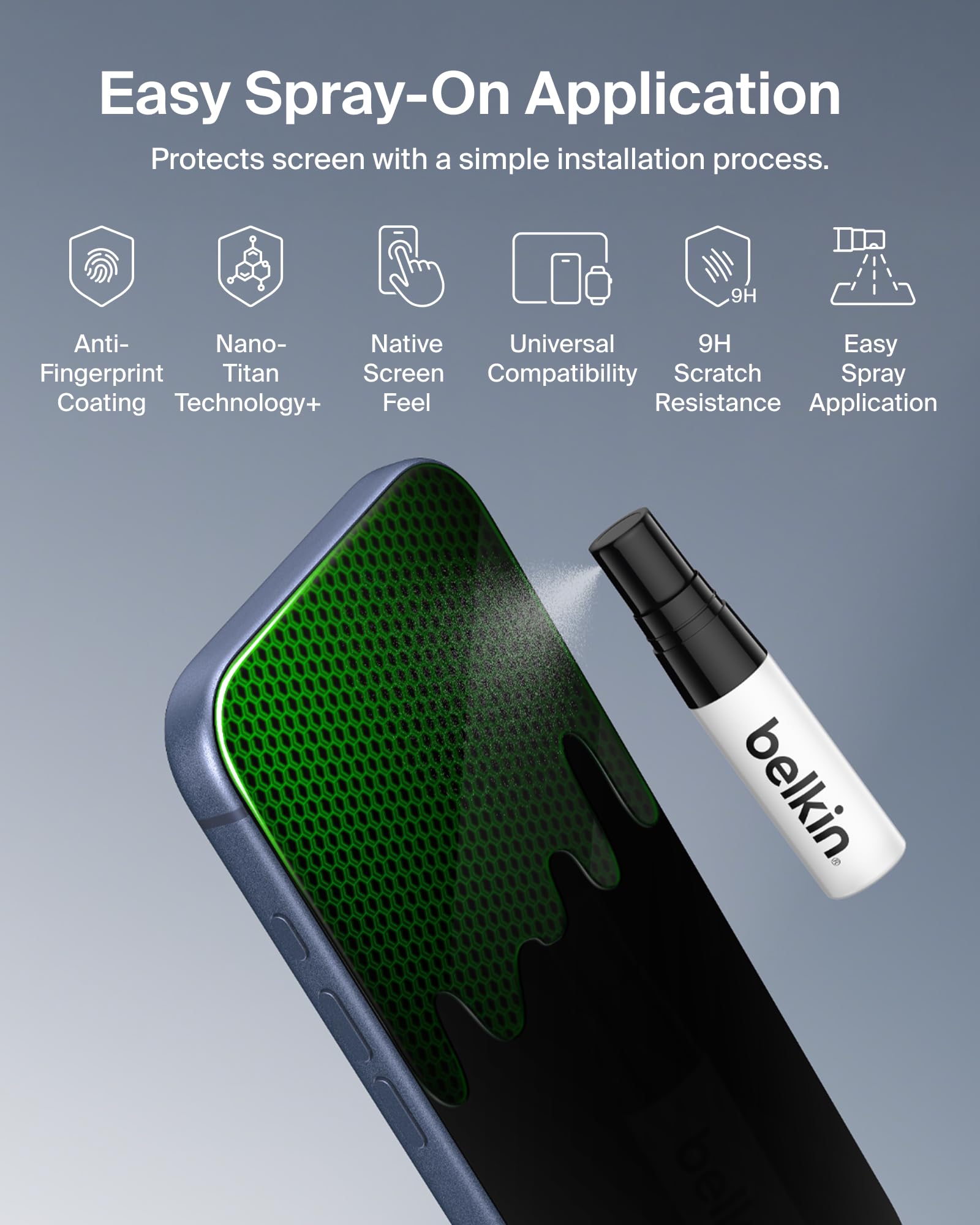 Belkin Titan LiquidGuard - Protector de pantalla con tecnología Nano-Titan + y garantía respaldada por 300 dólares, protección de pantalla líquida 9H para iPhone, Samsung, Pixel, iPad, tablet, reloj