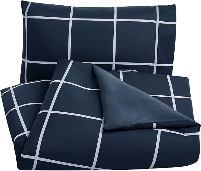 Amazon Basics Microfiber Duvet Cover Set, Light weight  135 x 200 cm, Single - Navy Simple Plaid