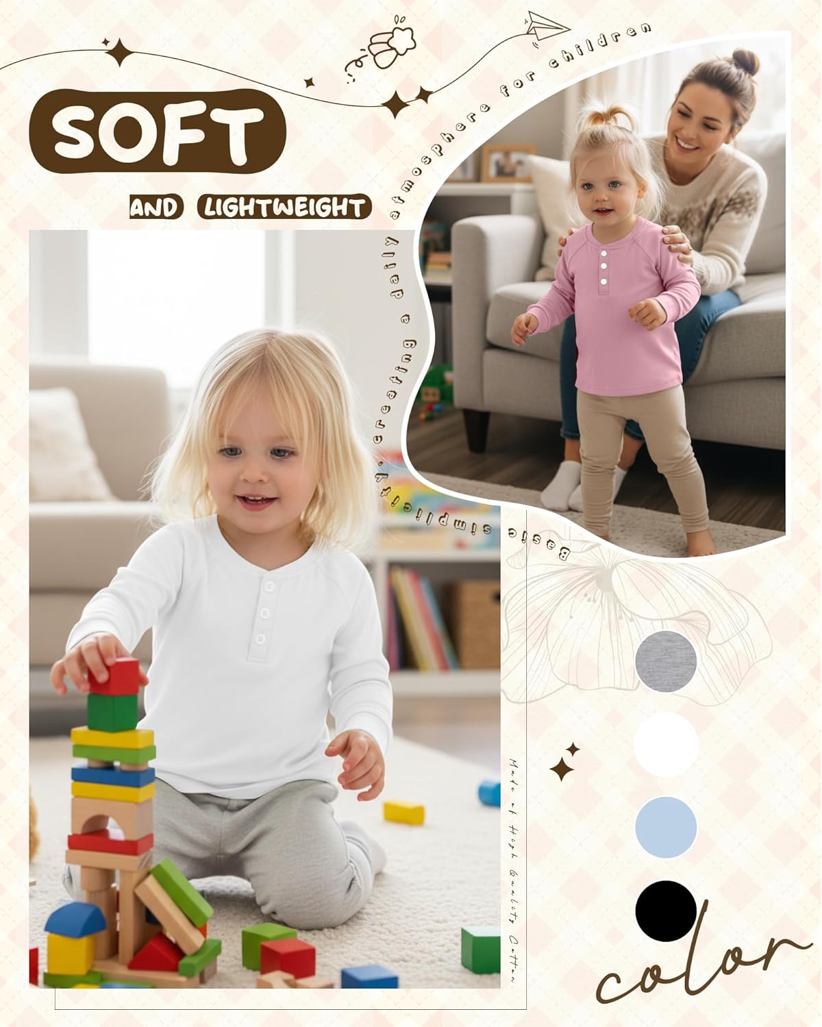 4 Pack Boys' Long Sleeve T-Shirts Girls' Henley Tees Casual Toddler Shirts Solid Baby Winter Clothes Unisex - Image 6