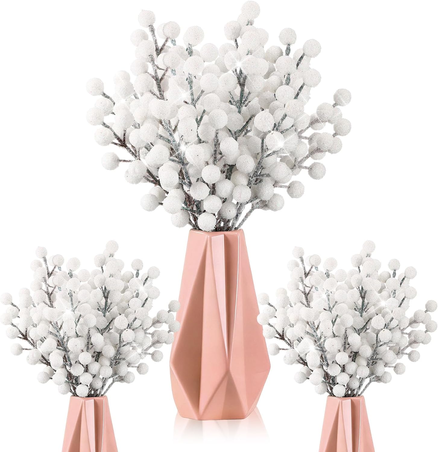 Geosar 30 Pieces Artificial Christmas Berry Picks with Snowflake Glitter Holly Berry Stems for Christmas Tree Ornaments Vases DIY Crafts Wedding Party Holiday Decor(Glitter White)