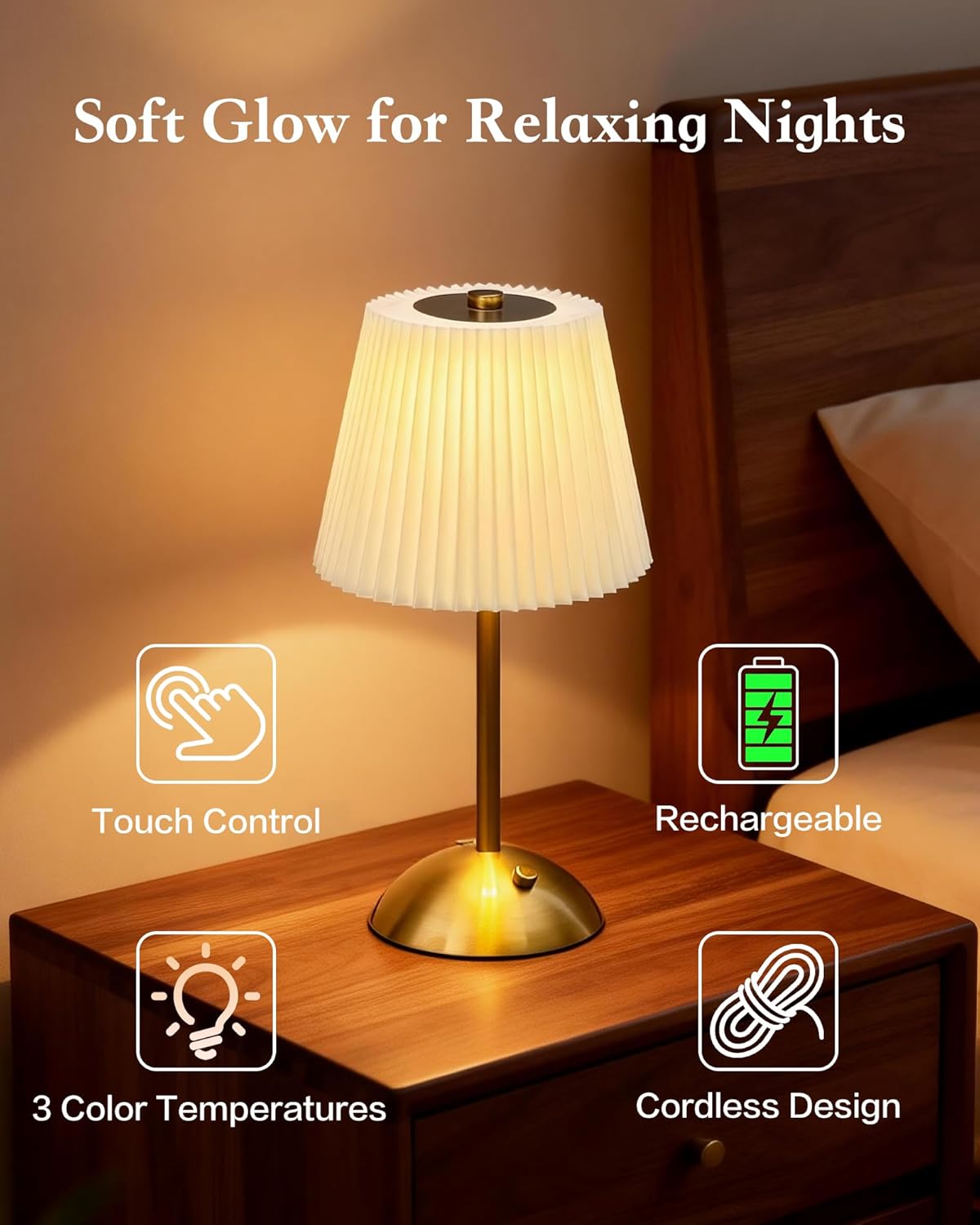 Cordless Table Lamp, 2000mAh Rechargeable, Touch Control with 3 Color Modes & Stepless Dimming, Up to 70H Bedside Lamp for Bedroom, Patio (Gold)