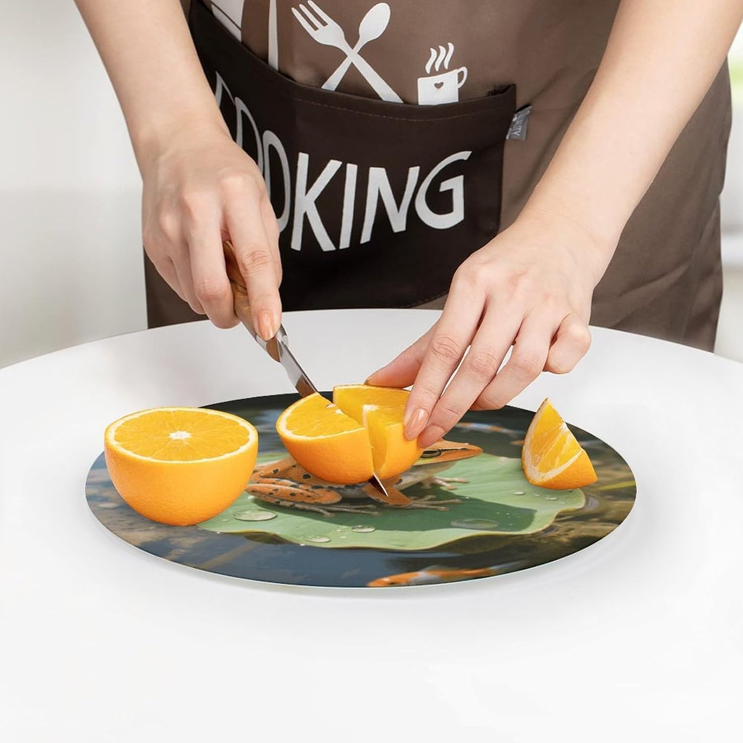 Orange Frog Tempered Glass Cutting Board Sturdy Chopping Block Personalized Large Butcher Block Lightweight Round Chopping Mat for Kitchen Non Slip