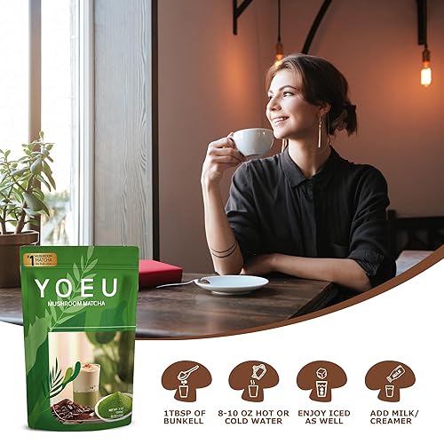 Miniatura 4 de 6.35 oz, polvo orgánico de hongos matcha, matcha japonés y 12 ingredientes naturales, café instantáneo, polvo con leche, alternativa al café