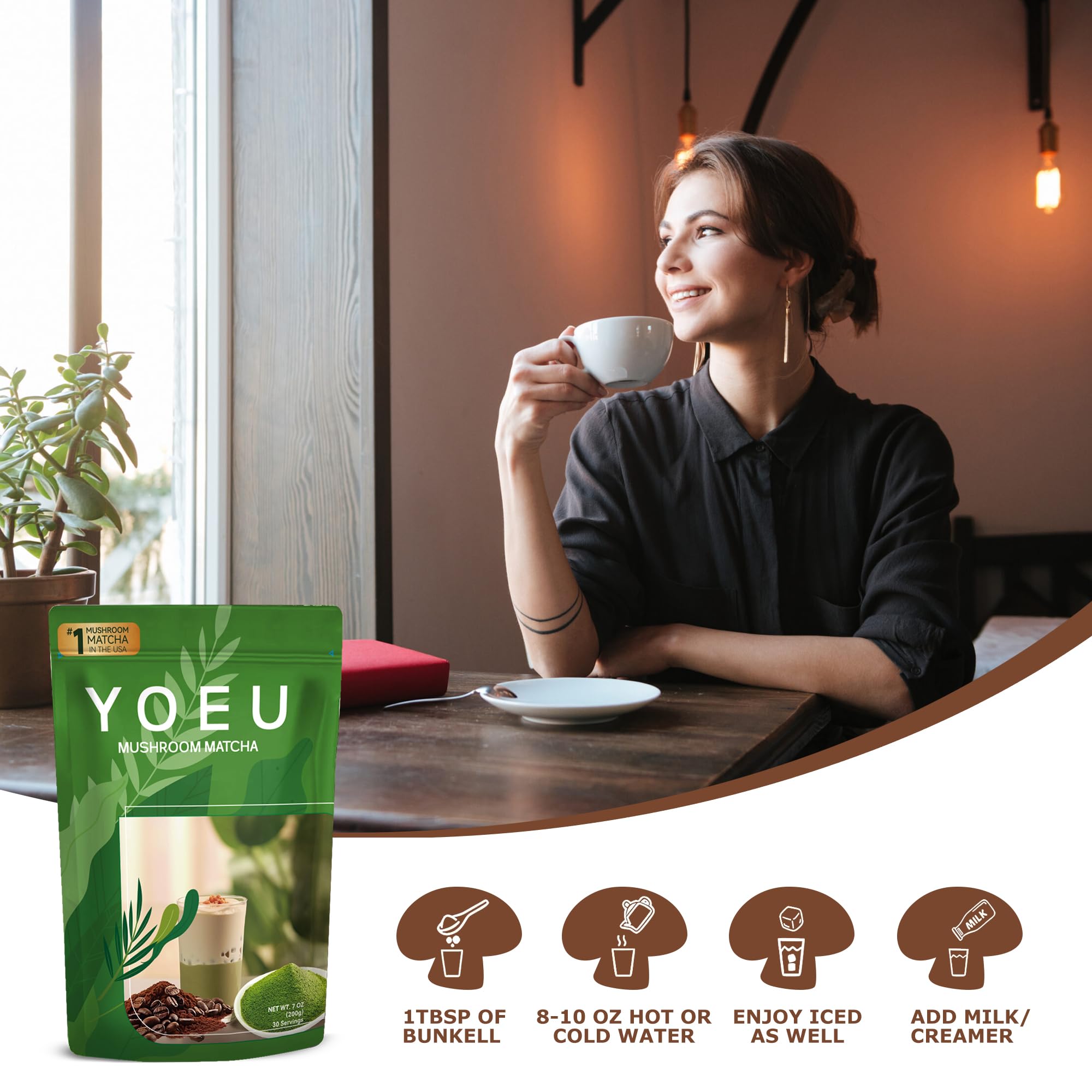 180g Organic Matcha Mushroom Powder Japanese Matcha 12 Natural Ingredients Instant Coffee Latte Powder Coffee Alternative — view 4