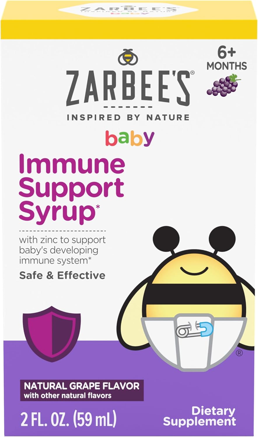 Zarbee’s Baby Immune Support with Zinc, Baby & Toddler Vitamin 6 Months+, Includes Syringe for Easy & Accurate Dosing, Natural Grape Flavor, 2oz