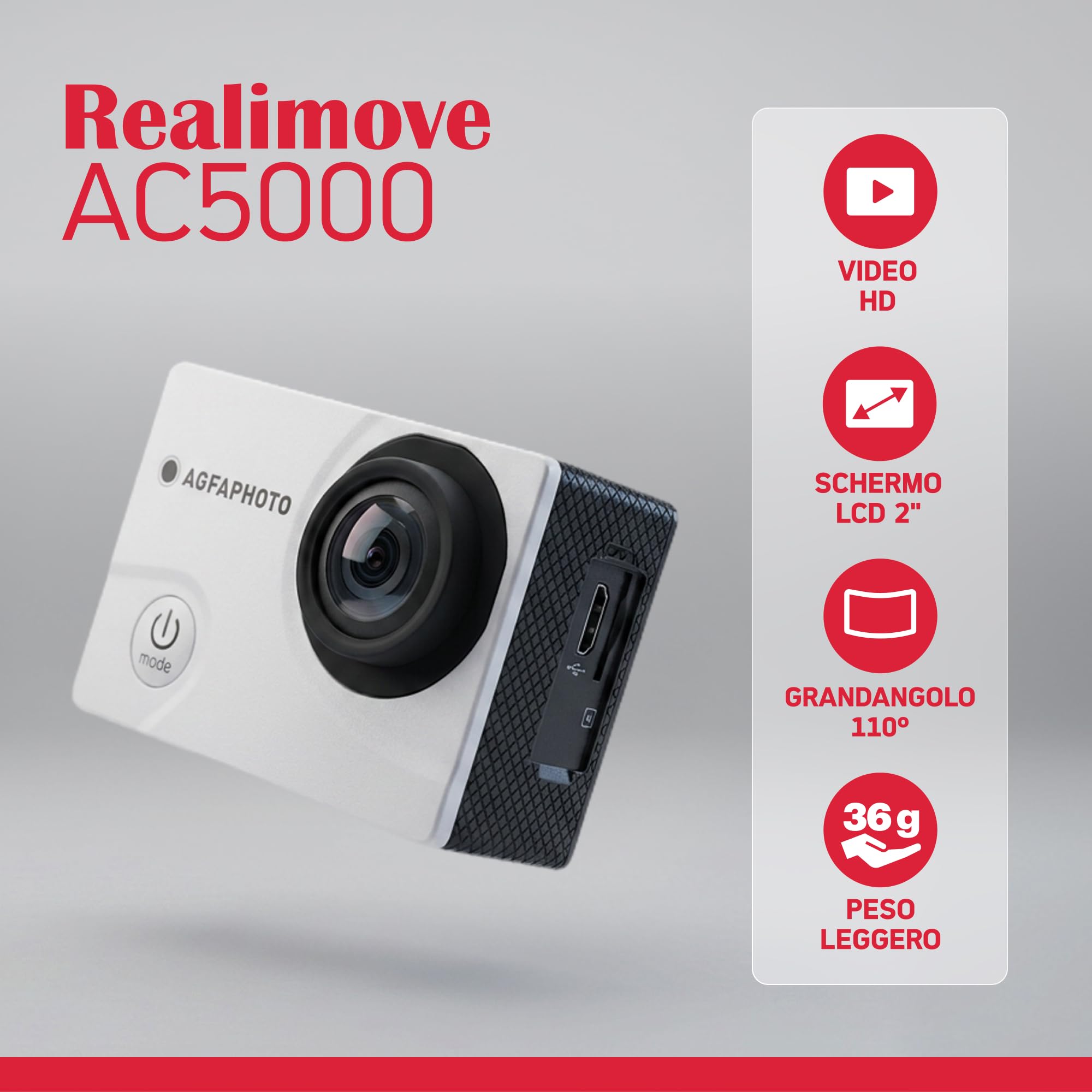 AGFAPHOTO - Action Camera - AC5000 - True 720P 30FPS, Grandangolo 110°, Custodia Impermeabile 30m - WiFi - 12 Accessori Inclusi