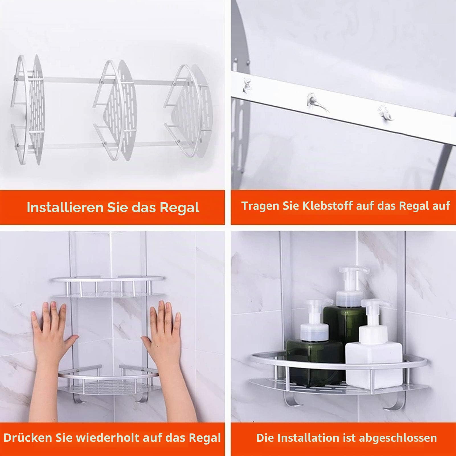 Tissting Eck Duschablage mit 3 Ebenen, Saug Eck Duschablage Eck Lagerregal Wandmontage Duschhalter mit Haken für Toilette, Küche