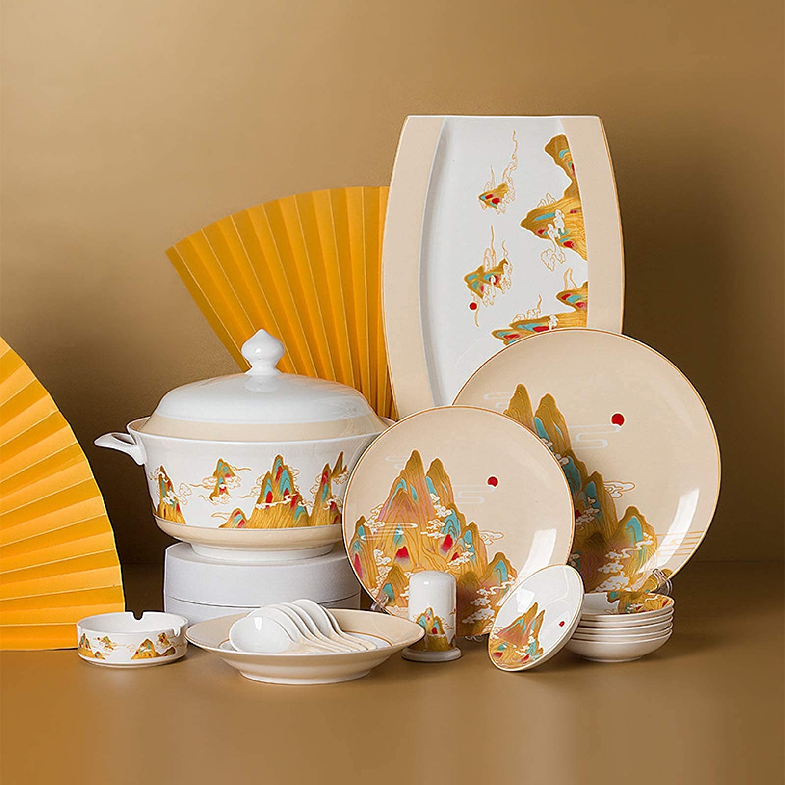 Ceramiczna zastawa stołowa, 46-częściowy zestaw naczyń z porcelany kostnej, porcelanowa miska na musli i talerze do steków, na wesele, parapetówkę, prezent