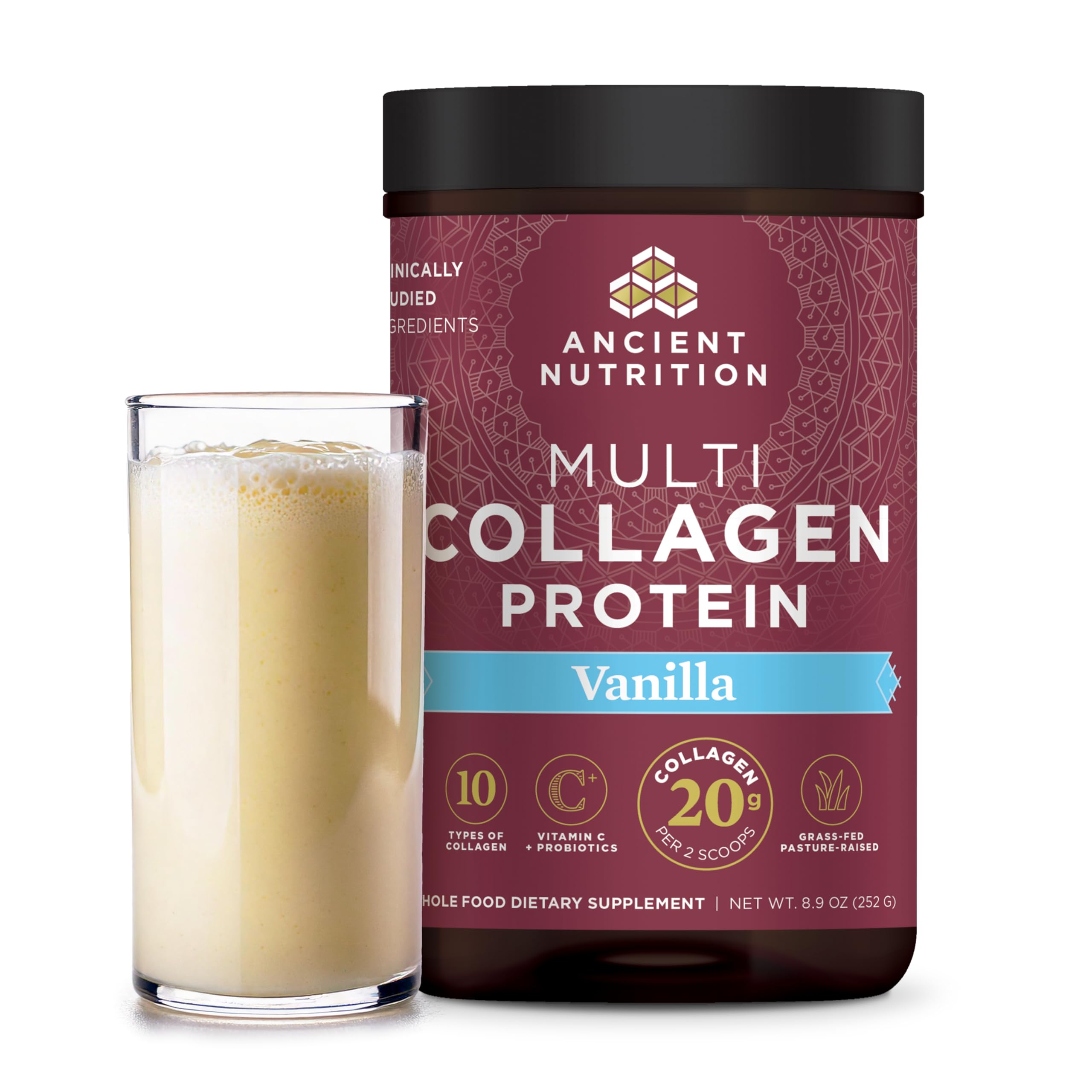 Ancient Nutrition Collagen Powder Protein , Multi Collagen Vanilla Powder, 24 Serving, Collagen Peptides Support Skin, Nails, Gut Health, 8.9oz