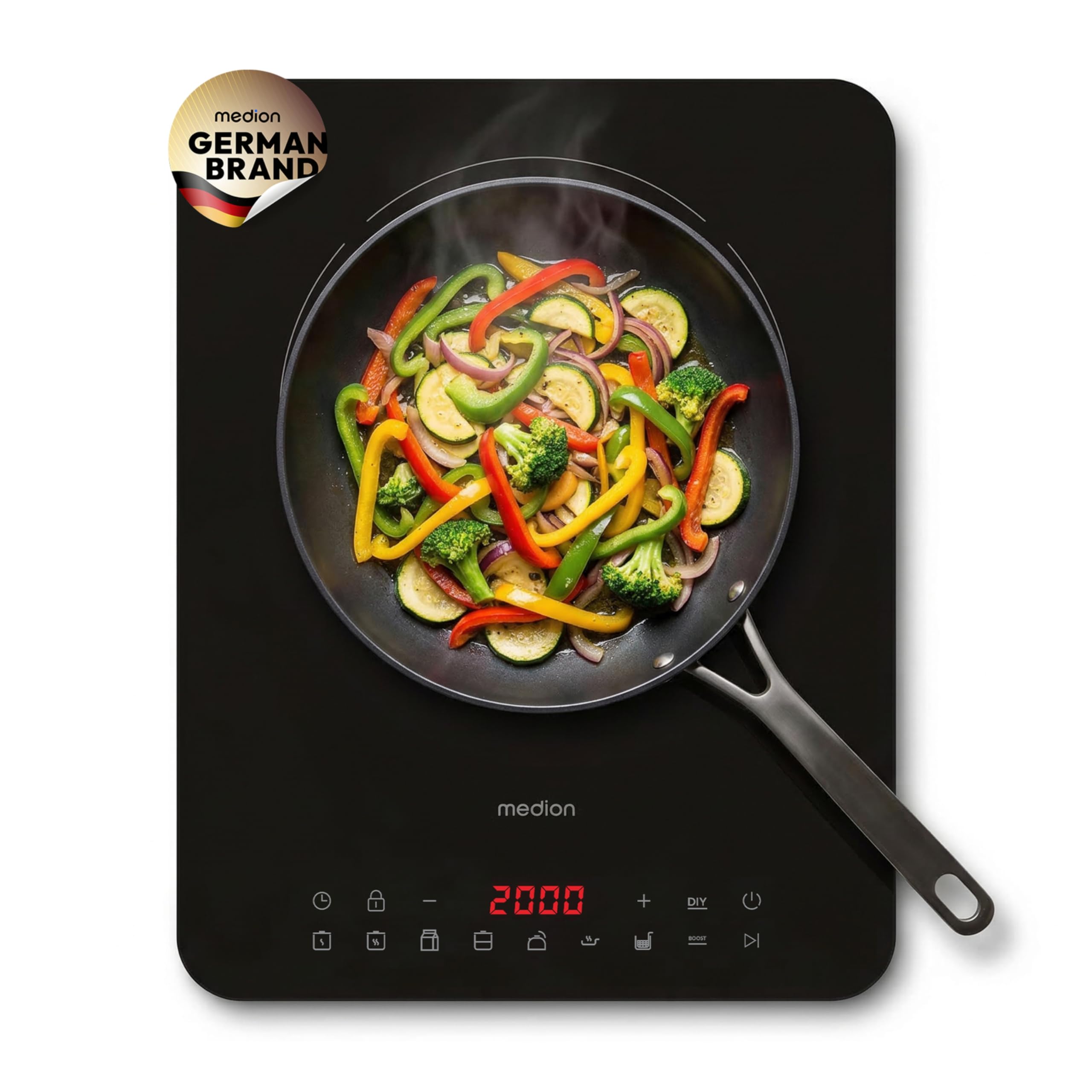 MEDION IC10S Induktionskochplatte, 1 Platte Induktionskochfeld, extra flach, 2100 Watt, 1 Kochplatte, 8 Automatikprogramme und DIY, LED Display, Touchbedienung, Kristallglas-Oberfläche