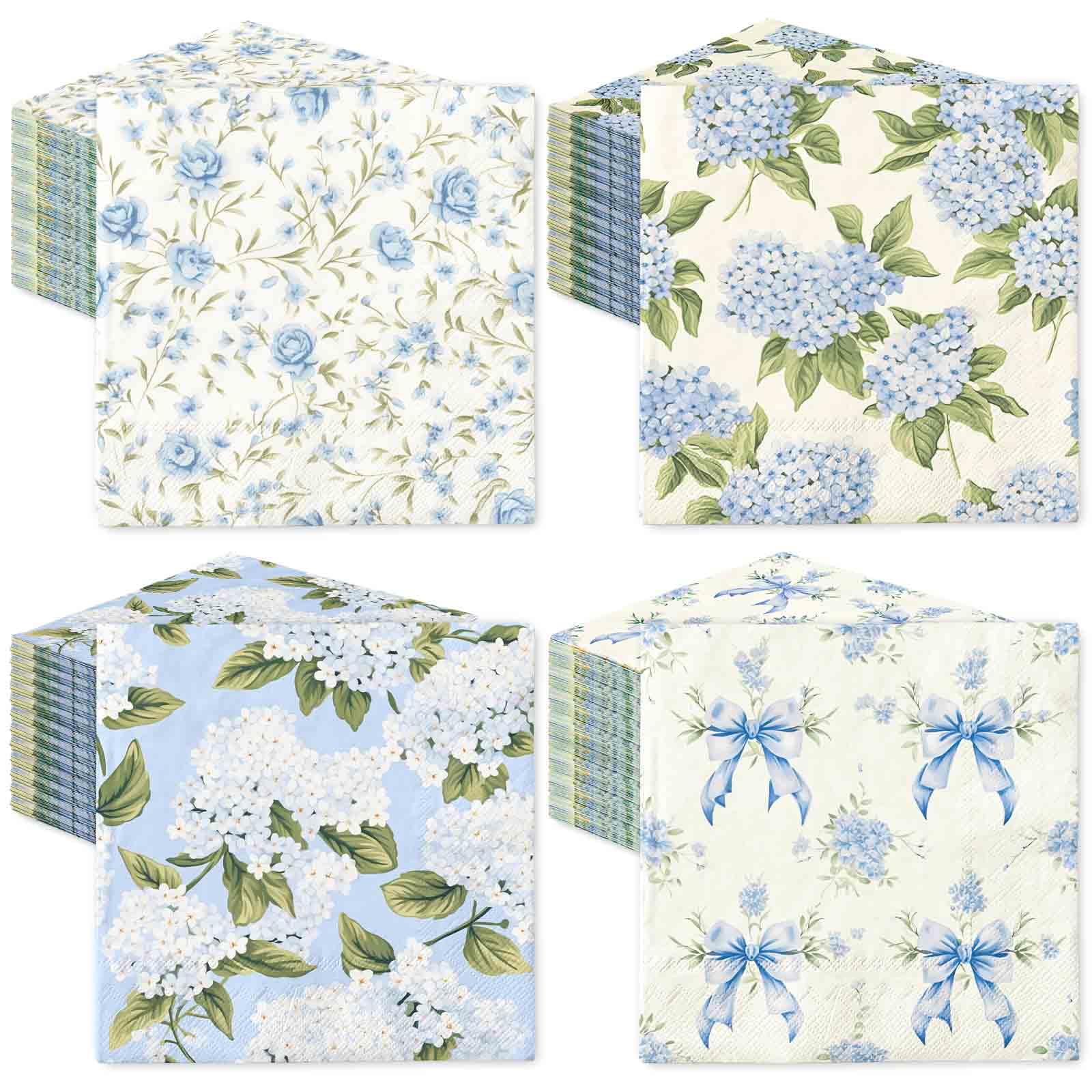 100Pcs Blue Floral Paper Napkin Summer Spring Flower Luncheon Napkin Hydrangea Disposable Dinner Napkins for Home Kitchen Party Supplies