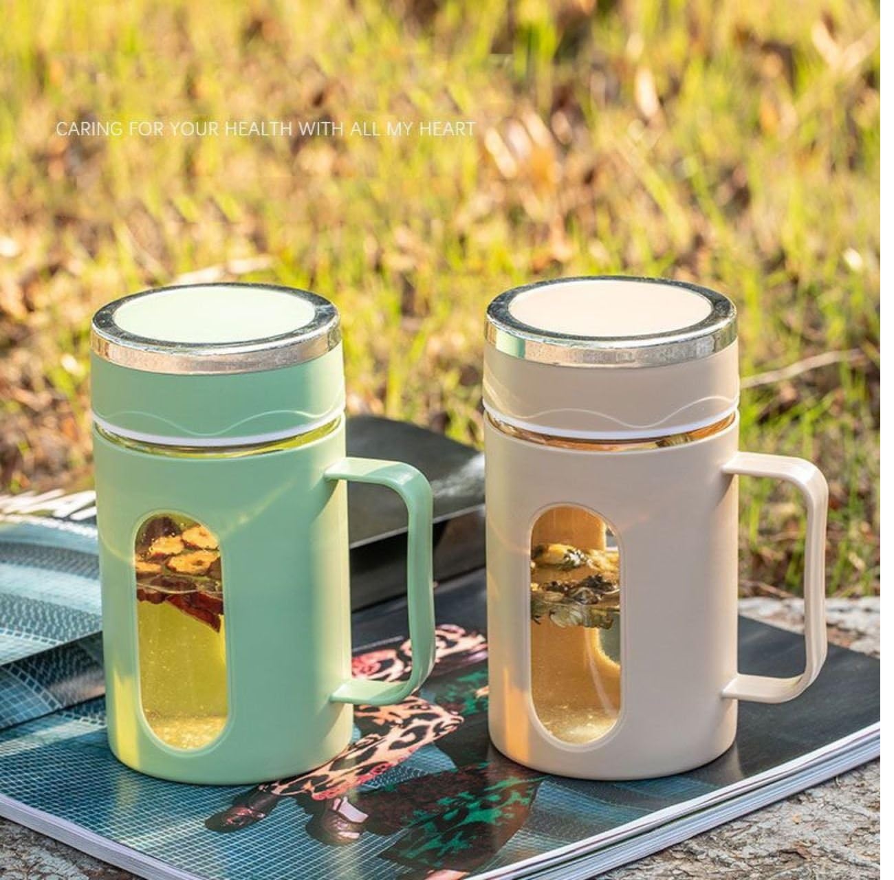 Aatison Glass Travel Coffee Cup with Cap & Handle | Double Layer | Inner Glass & Outer Plastic | Transparent Window-image-24