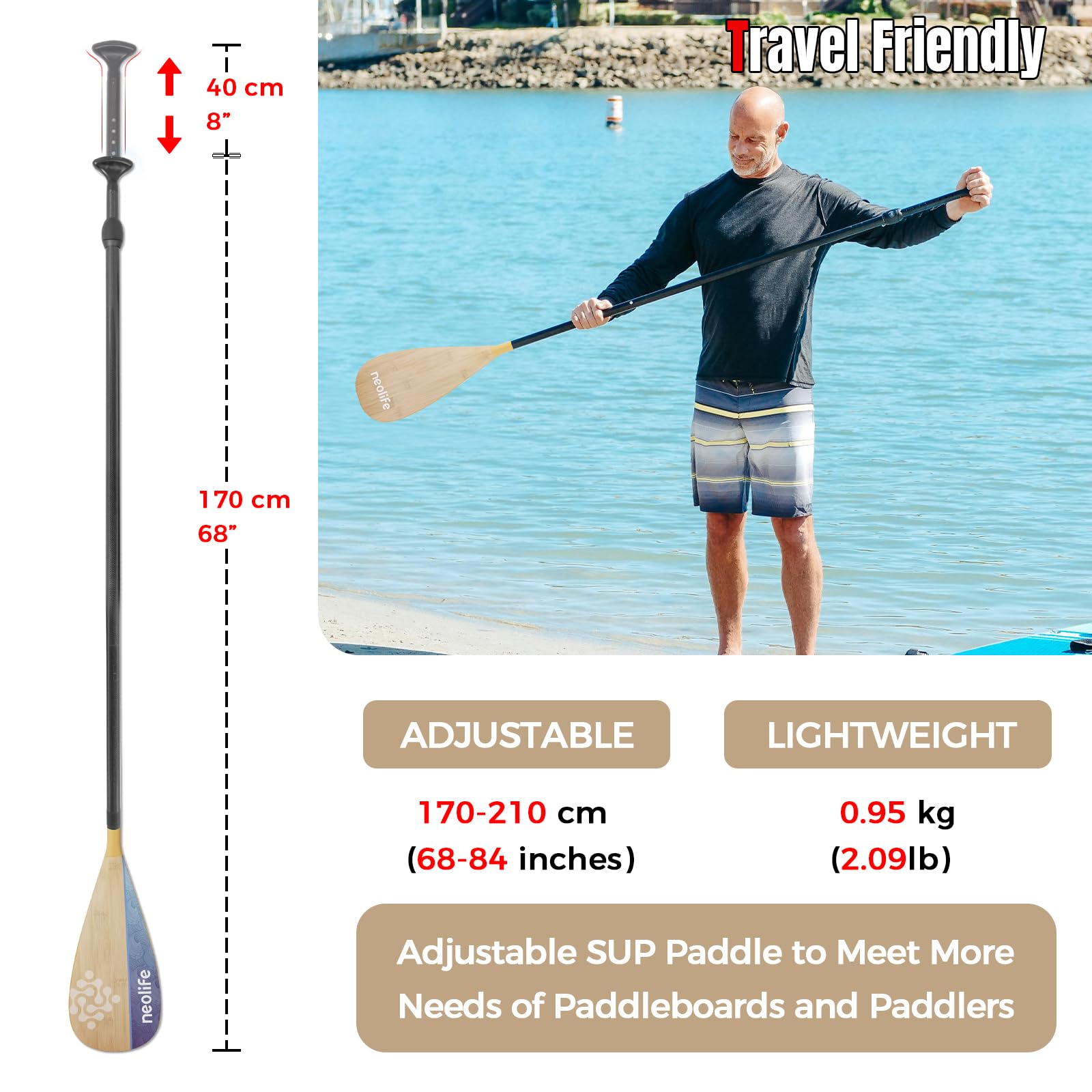 WONITAGO SUP Paddleboard Paddle with Carbon Fiber Shaft and PP Blade, Floating Adjustable Stand Up Paddle Board Paddle, 170-210 cm/68-84 Inches, Bamboo & Wave Blue Pattern