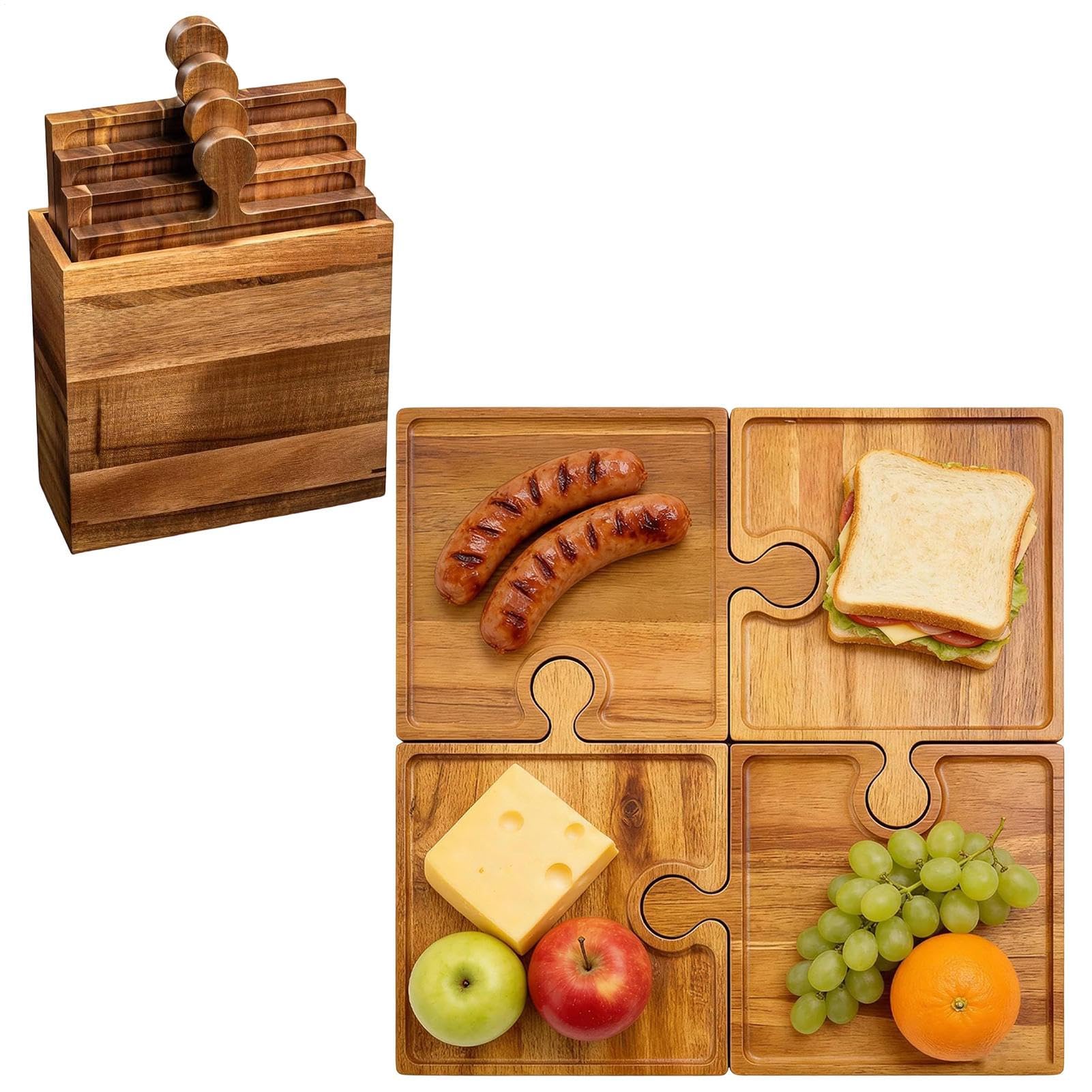 Zestaw Desek do Serów 4-Częściowy Drewniany Komplet z Uchwytem | Kuchenna Deska Serów w Kształcie Puzzle Do Przekąsek, dla Rodziny, do Mieszkania, na Kemping, Piknik i Przyjęcie Domowe
