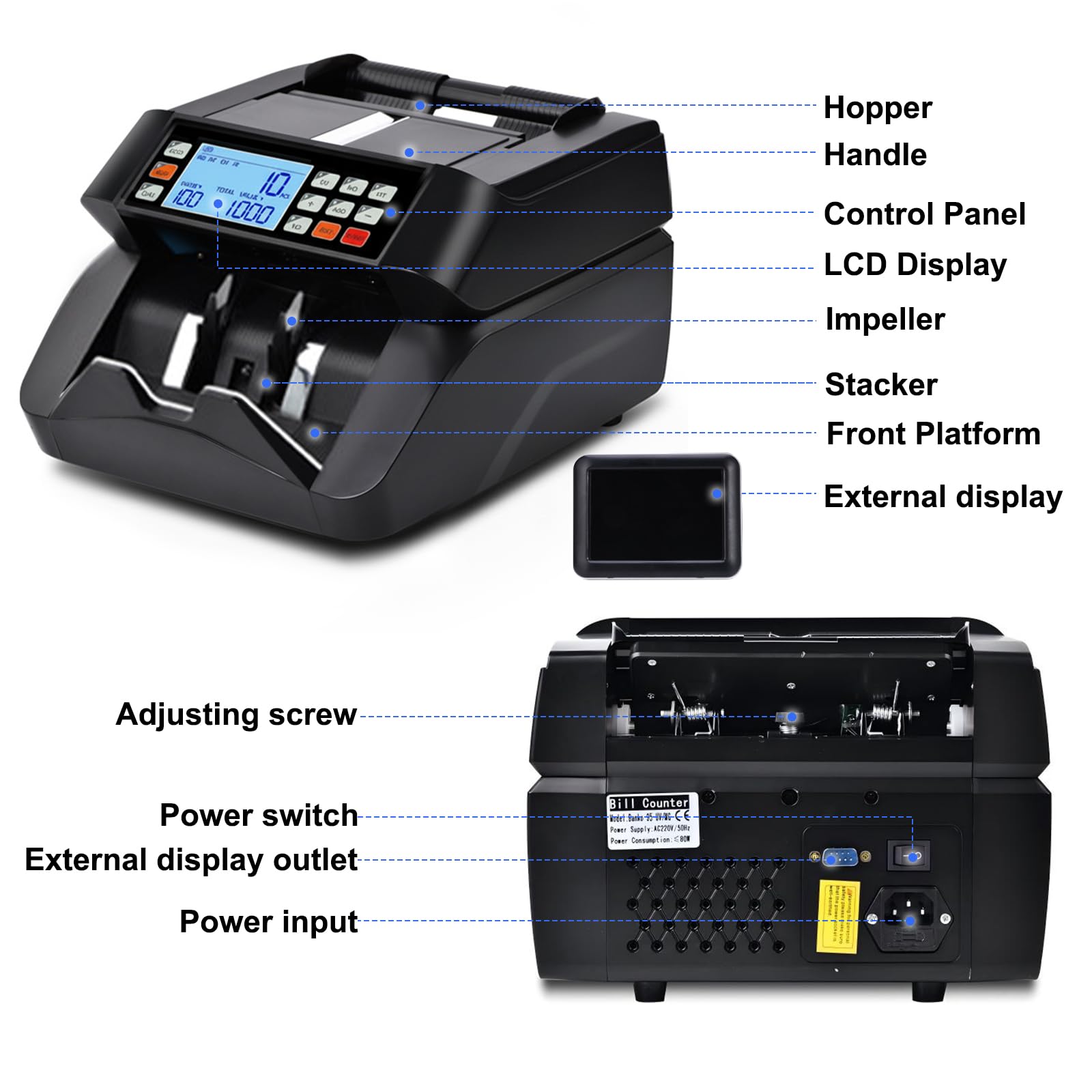 Compteuse de Billets Professionnelle Machine a Compter les Billets, Détection UV/MG/IR/MT, 1000 Billets/Min, Machine Compte Billet Affichage LCD 3,5” et Écran LED Externe, Mode Addition, Valeur et Lot