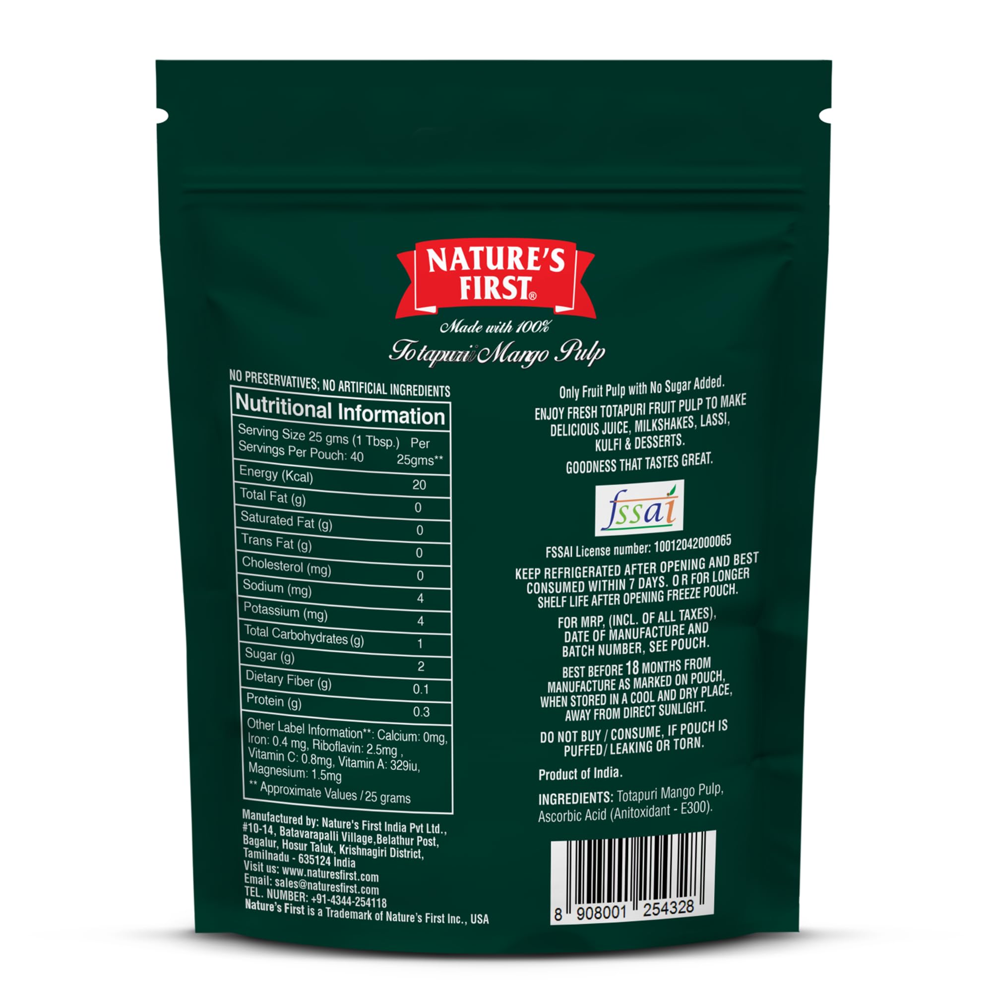 Nature's First Totapuri Mango Pulp 1 Kg pouch, With Pure Mango Goodness, Natural Sweet Flavor for Dessert, Shakes, Lassi, Smoothies, Fruit Juice