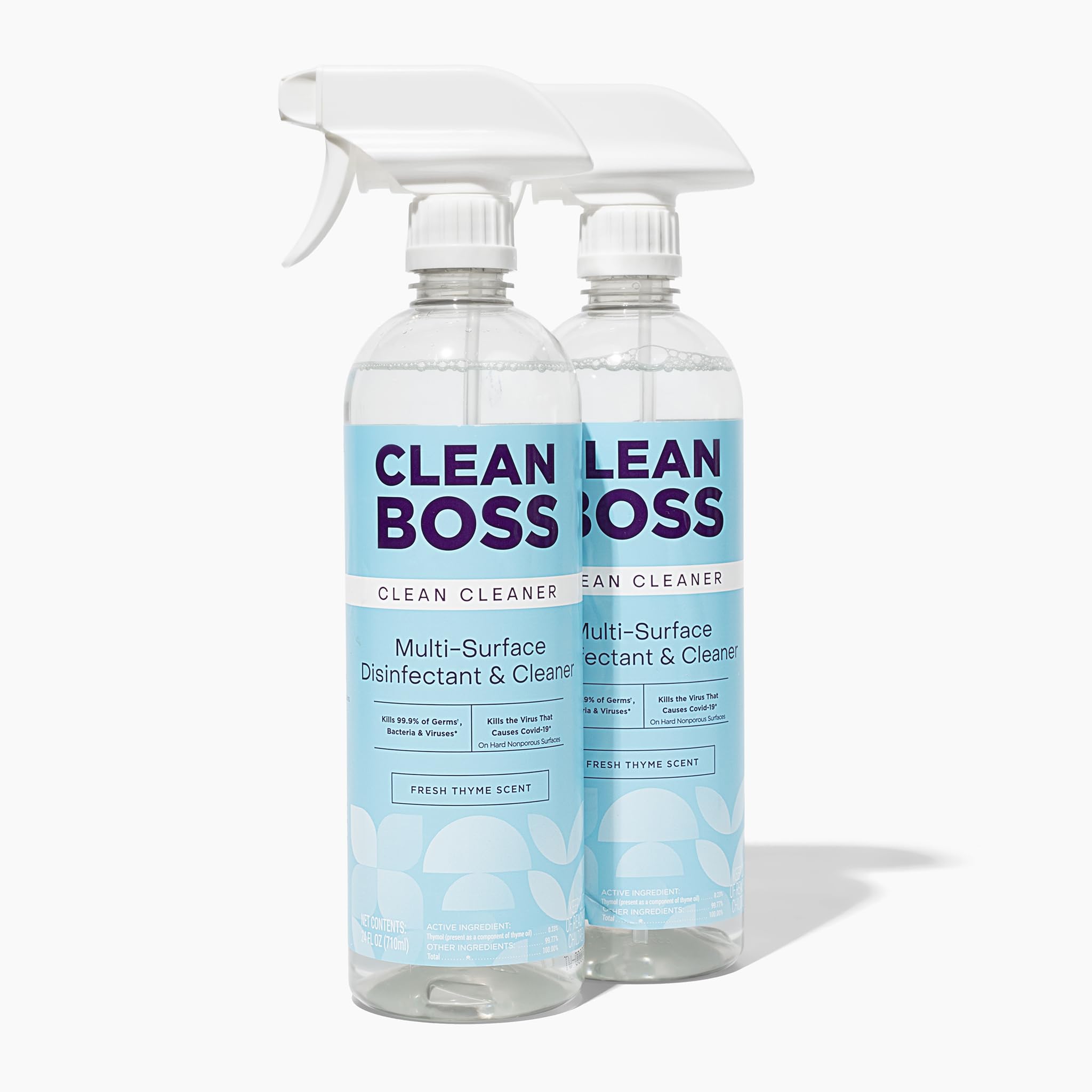 CleanBoss Botanical Disinfectant - 24 oz (Pack of 2) - Multi-Surface Cleaner - Kills 99.9% of Germs + Cold & Flu Viruses - Fresh Thyme Scent - No Rinse on Food Contact Surfaces - Pet Friendly