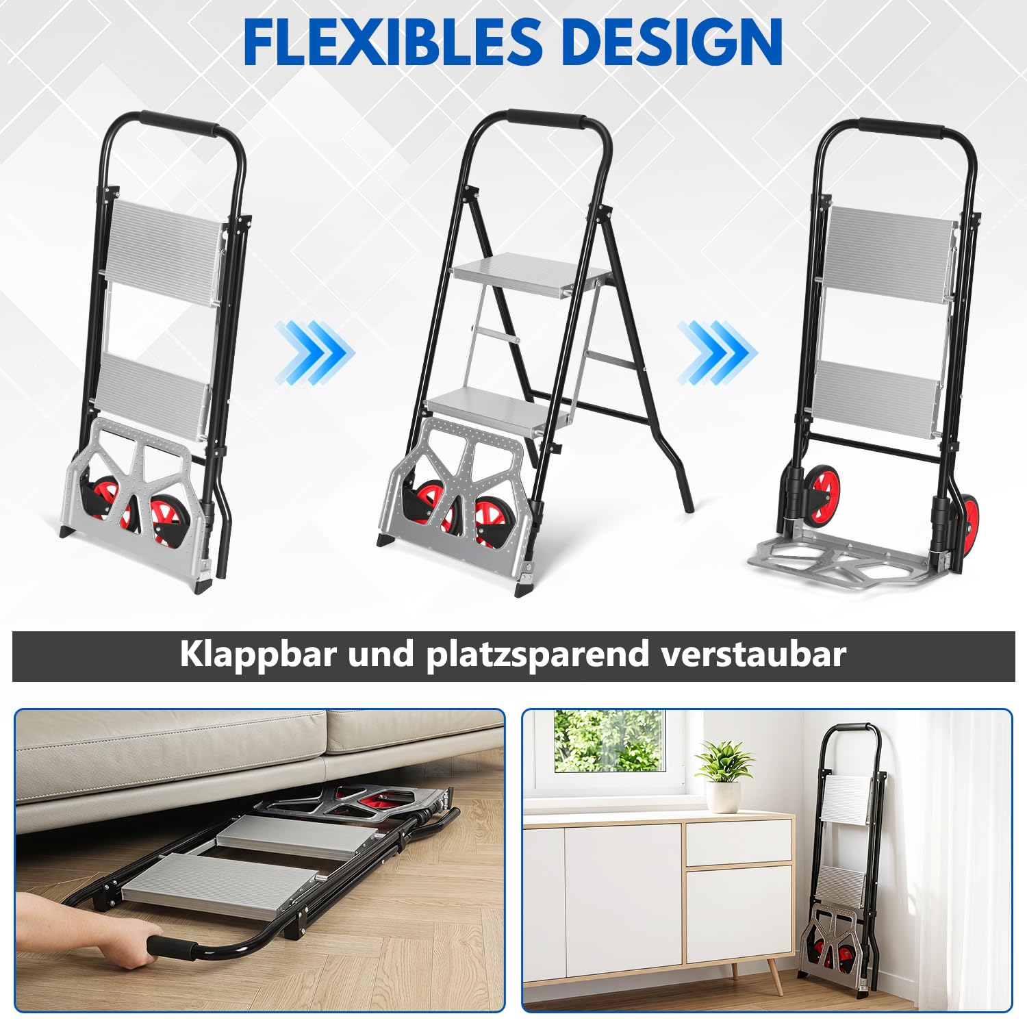 2-in-1 Sackkarre mit 2-stufige Trittleiter, klappbar