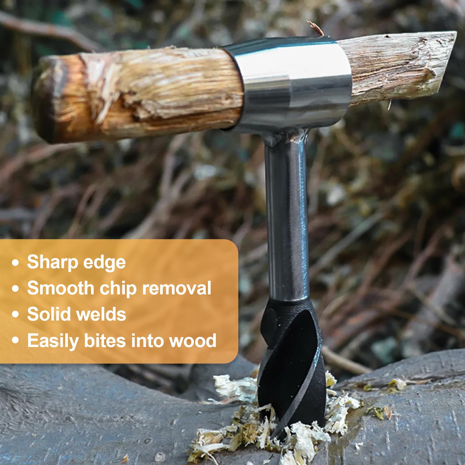 EFUTURETIME Trapano per Legno Manuale Bushcraft, φ25x160mm, Trivella Manuale in Acciaio con Custodia in Pelle Nera, Set di Trapani per Legno Bushcraft