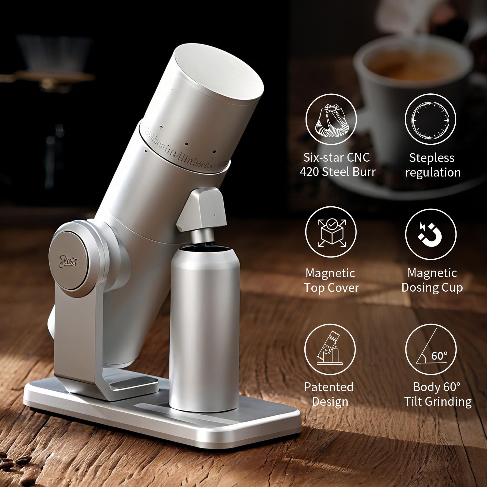 Molinillo eléctrico de café con rebabas – Molinillo eléctrico de ajuste continuo con rebaba cónica de acero inoxidable CNC y tapa magnética y taza dosificadora
