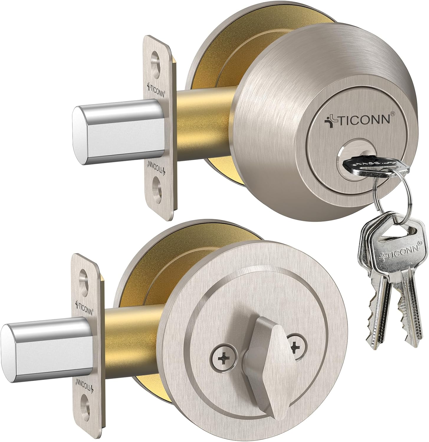 TICONN Silver Door Handles, Traditional Wave Style Silver Reversible Door Lever for Interior Doors and Closet (Deadbolt Only, 2-Pack) 2 Pack Deadbolt Only Satin Nickel Finish