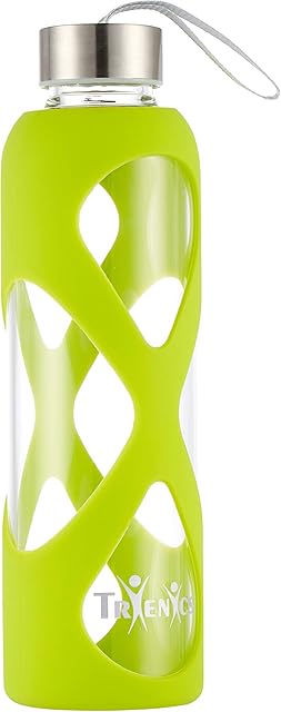 Trienics 550ml Glass Water Bottle, Eco-Friendly Borosilicate Glass Sports/Travel Water Bottle with a Non-Slip Silicon Sleeve, Stainless Steel leak-proof cap, BPA-Free, no Plastic