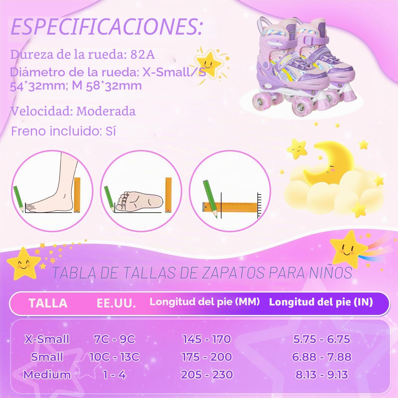 Nattork Patines de ruedas para niñas, 4 posiciones, ajustables, arco iris, el mejor regalo de cumpleaños para deportes al aire libre