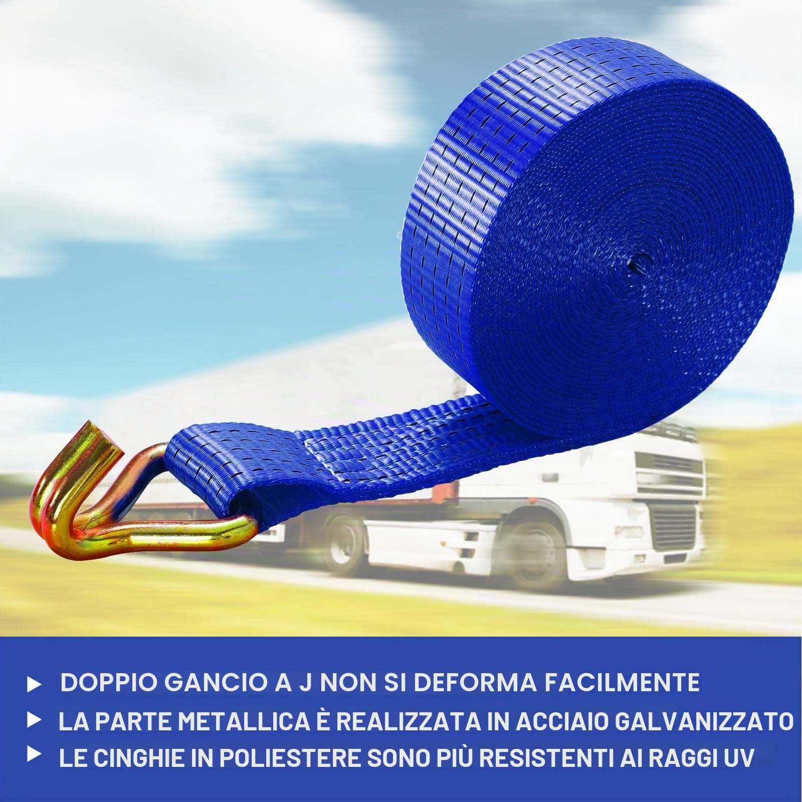 4 pezzi 5000kg Cinghia a cricchetto 9m, Cinghie di ancoraggio, 50 mm cinghia di tensione,Cinghie di serraggio con cricchetto e gancio,per il fissaggio professionale del carico di camion,Blu
