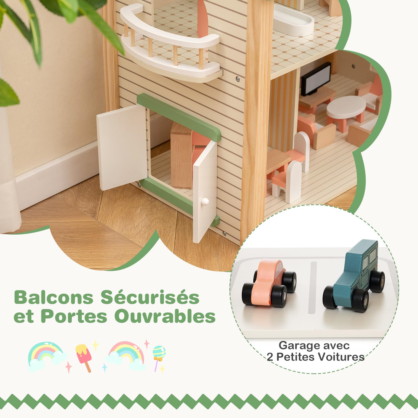 COSTWAY Maison de Poupée en Bois avec 6 Pièces & 36 Meubles, Maison de Rêve avec Toit Vert & Garage & Balcon, Conception d'angle, Jeu d’Imitation Princesse pour 3 Ans+, 87 x 37 x 83 cm
