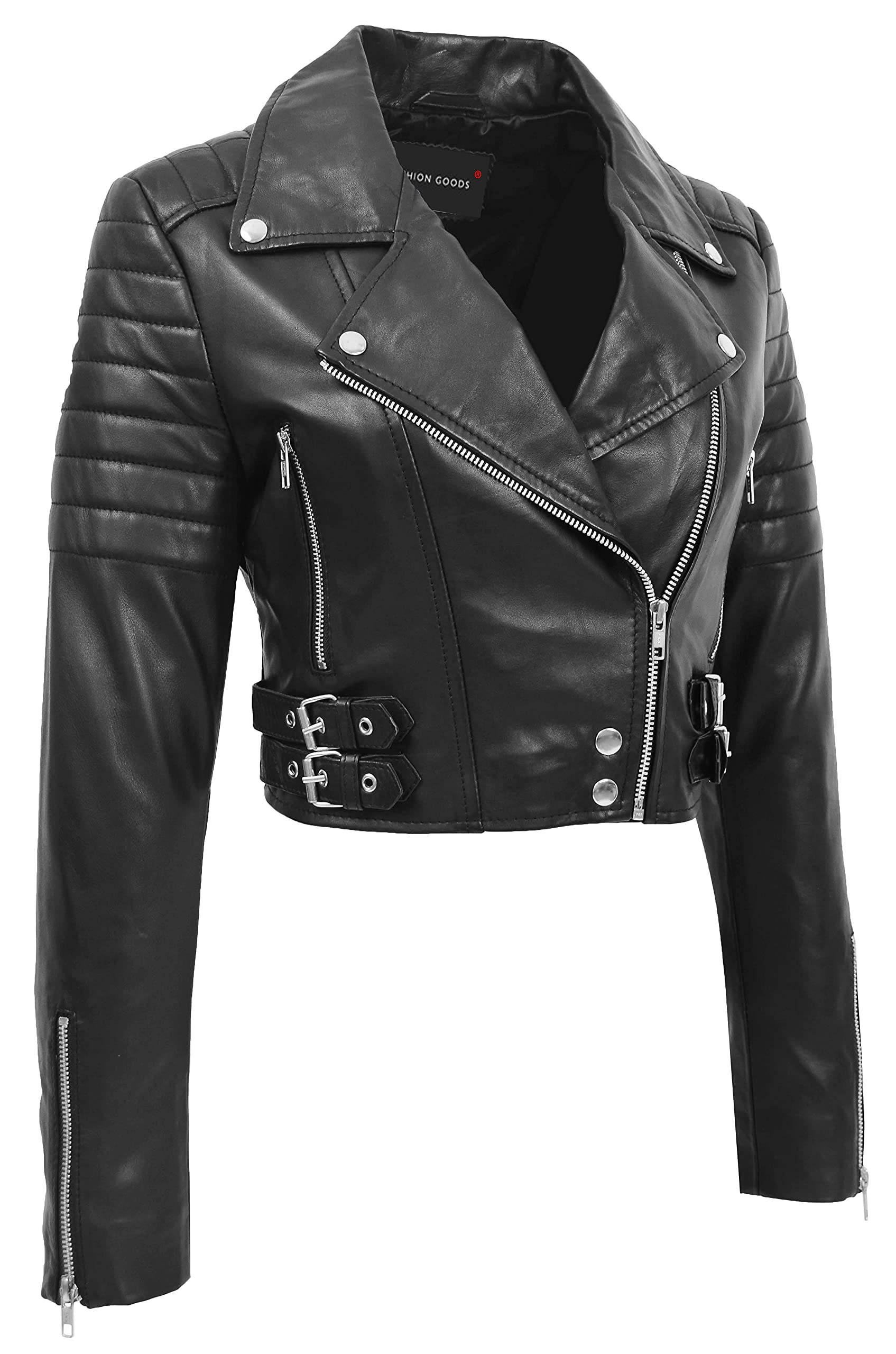 A1 Fashion Goods Damen-Bolero-Jacke aus Leder, tailliert, bauchfrei, verschiedene Farben, Erika, Schwarz, 44