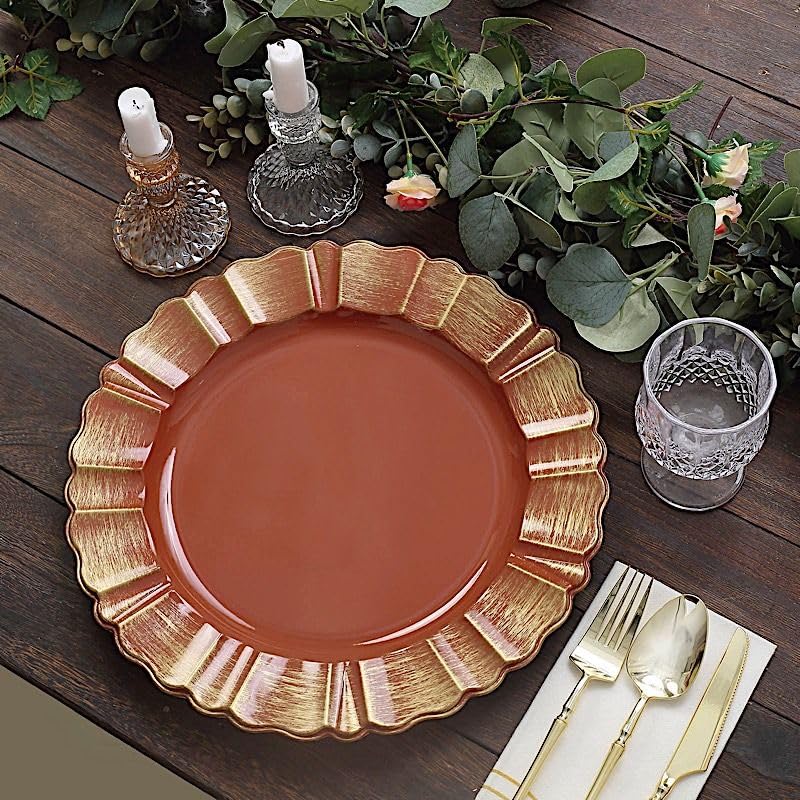 Balsa Circle 6 pcs 13-Inch Terracotta Gold Round Scalloped Trim Plastic Charger Plates Wedding Reception Event Decorations Supplies