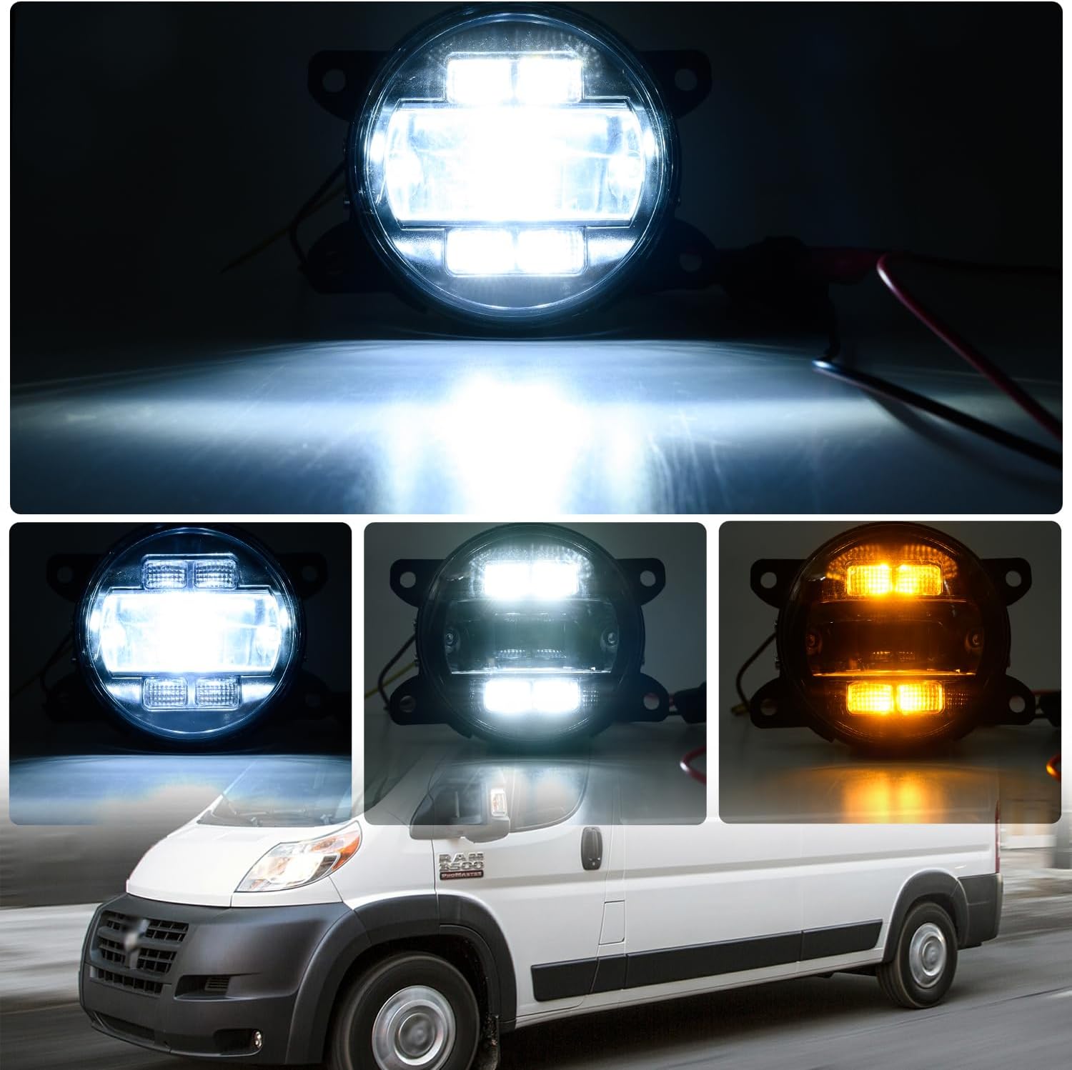 NSLUMO Led Fog Lamp Assembly Replacement for Ram Promaster 1500 2500 3500 2014-2023 Switchback Amber White DRL Signal Driving Lamps 12V Led DRL Fog Light Kit