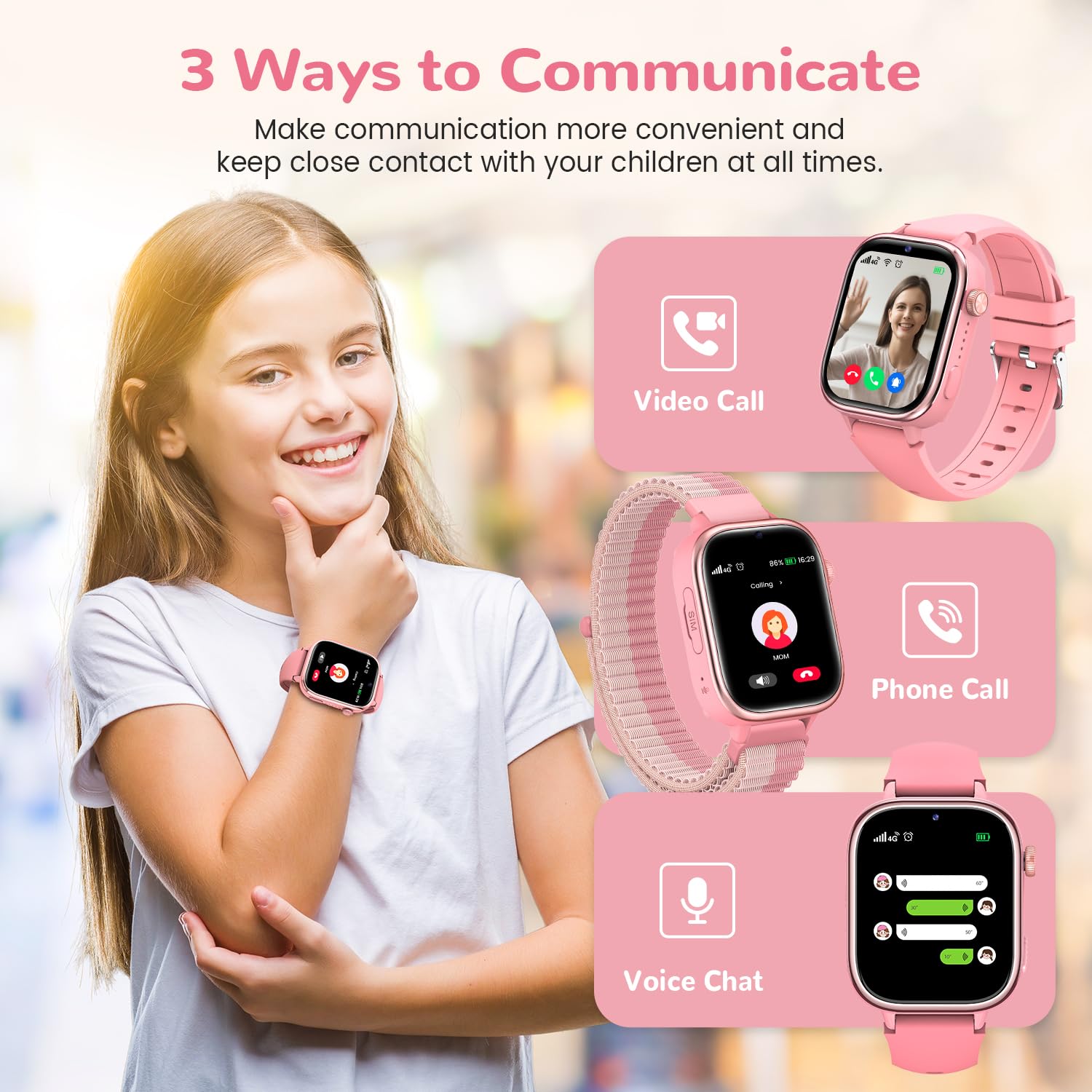 SWGOTA 4G Smartwatch Bambini con GPS e Telefono, Orologio Smartwatch Bambini con Videochiamate, Messaggi, Modalità Scuola, SOS, Impermeabile IP68, Contapassi - Regalo per Ragazzi e Ragazze (Rosa)