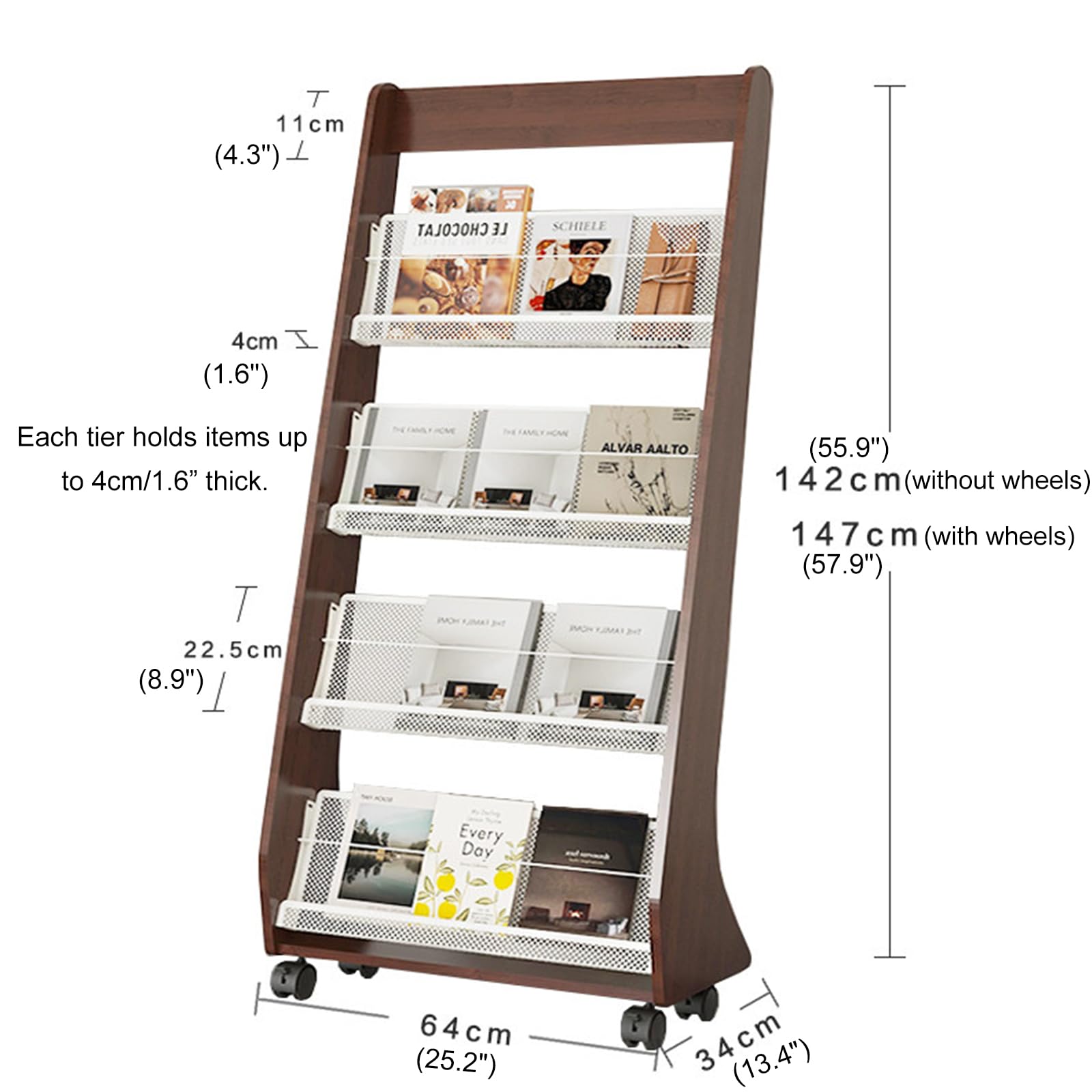 JSWHYBD Porta Riviste da Terra Salotto, Supporto per Libri da Pavimento - Scaffale Espositivo Rotabile a 5 Livelli con Ruote per Mostre, Centri Commerciali, Ospedali, Uffici & Deposito Domestico C