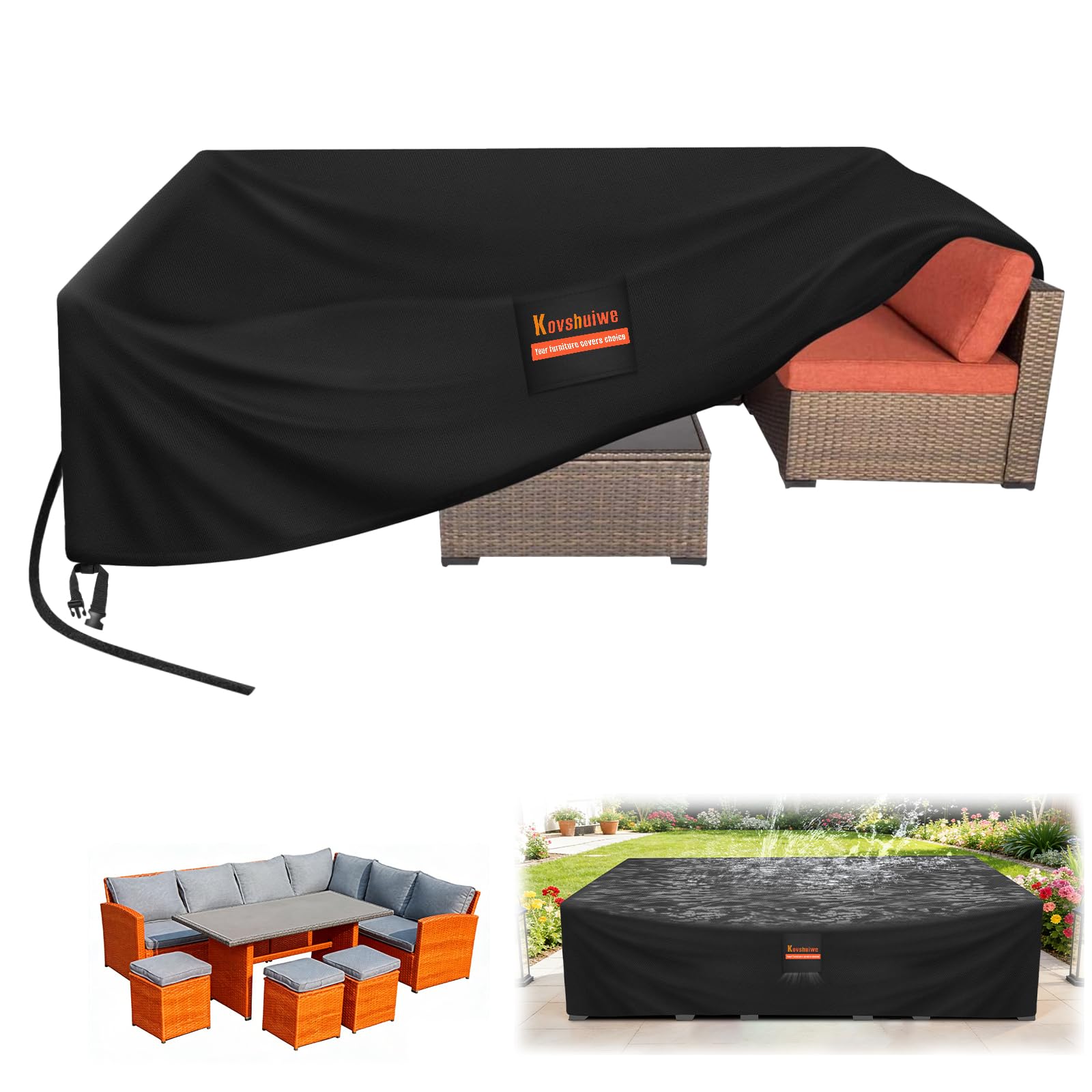 Kovshuiwe 250x250x90cm Copertura Tavolo Giardino Esterno Copertura per Mobili da Giardino Telo Copri Protettivo Quadrato per Tavolo e Sedie da Esterni Oxford Impermeabile Anti-UV Nero