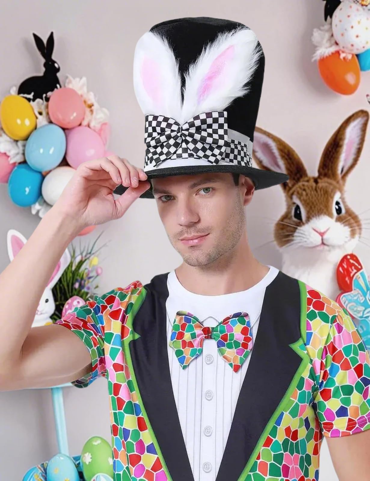 COSAVOROCK Easter Bunny Hat Adult Mad Hatter Hats White Rabbit Costume Black Topper - Image 3