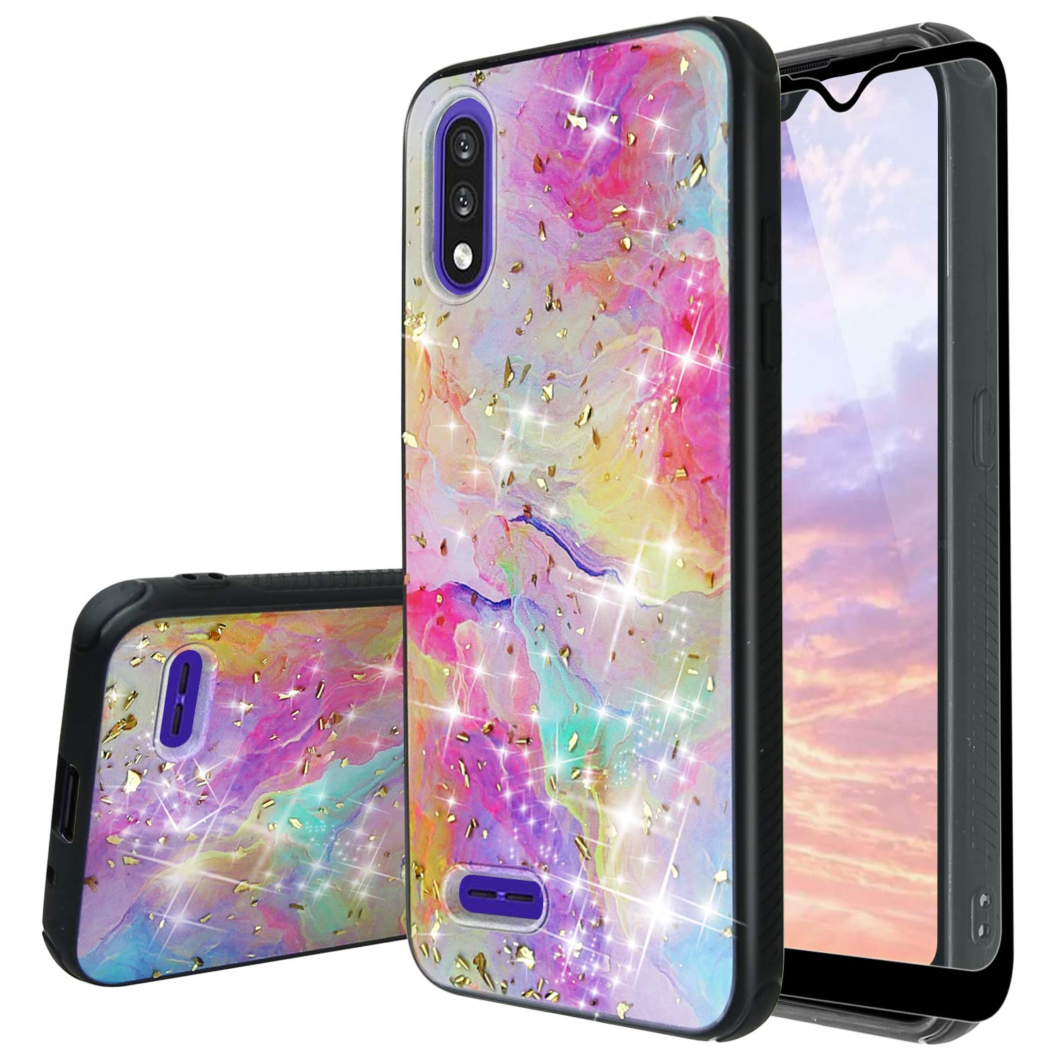 TJS Compatible with LG K22 Case, LG K22+/LG K22 Plus Case, LG K32 Case,  with Tempered Glass Screen Protector Shiny Flake Glitter Back Skin Full Body