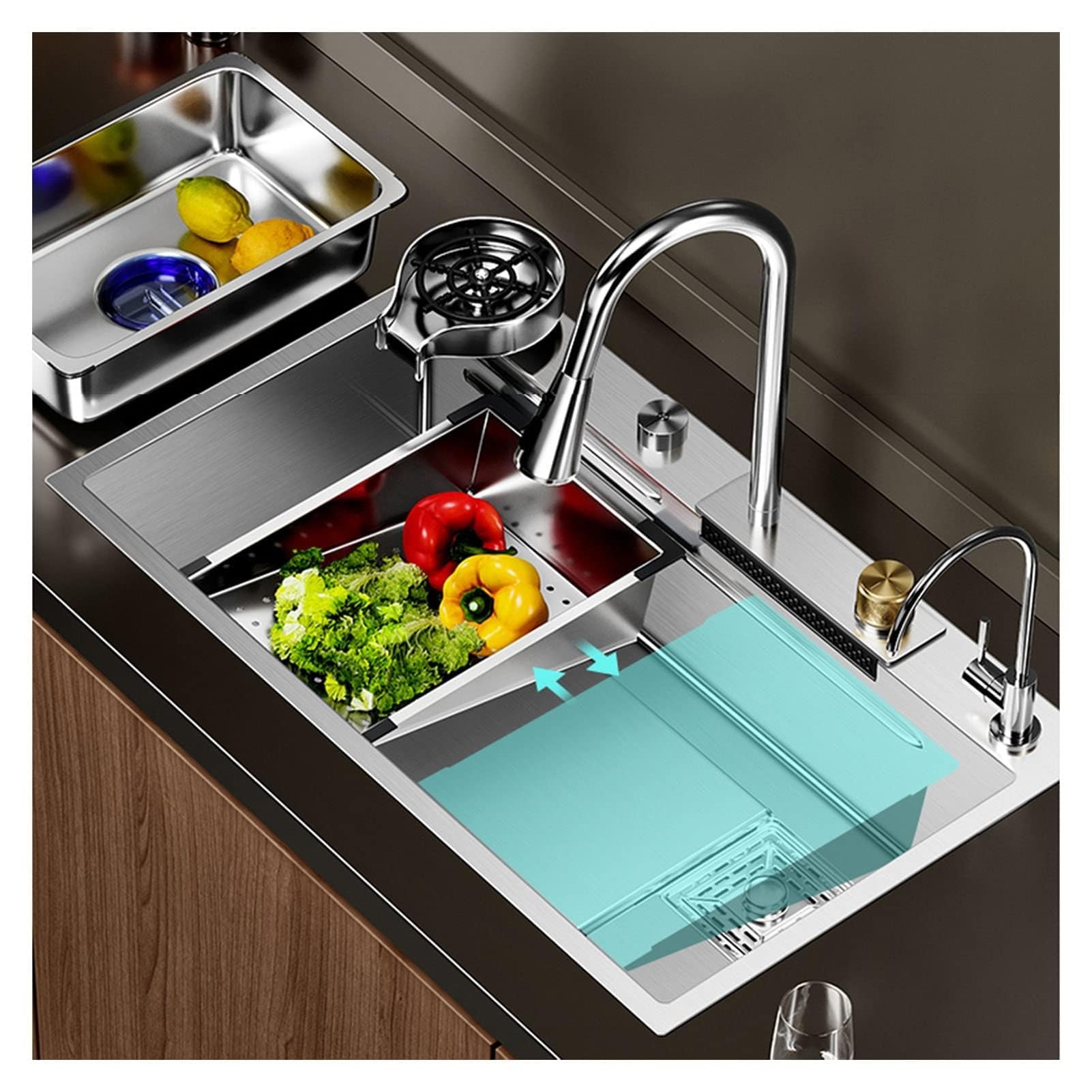 ZYCHSJXA Stainless Steel Kitchen Sink Workstation with Integrated Waterfall Faucet Pull Down Spray Tap Large Single Bowl Nano Coating Farmhouse Silver 68x45cm