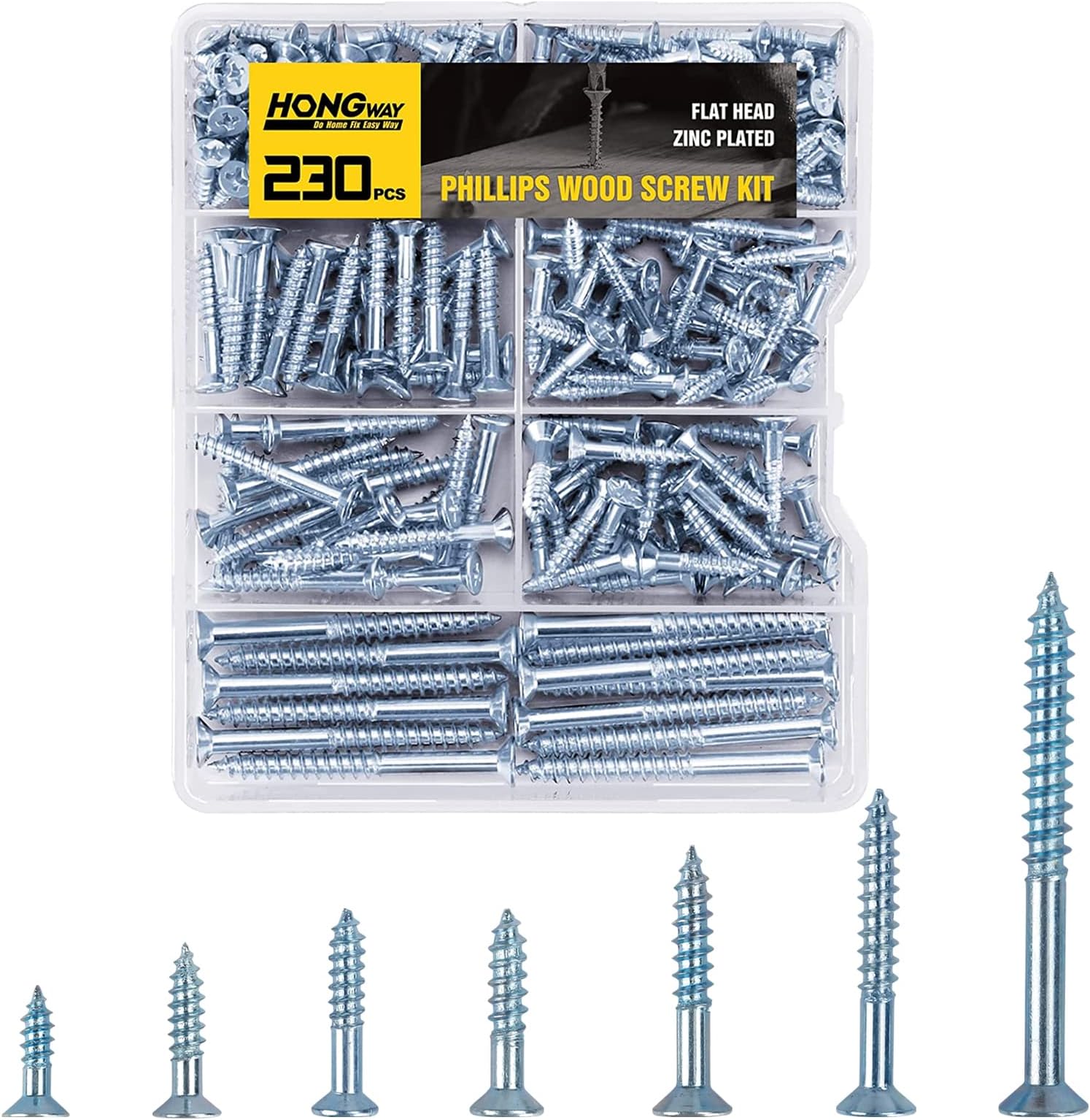 HongWay230pcs Wood Screws Assortment Kit, Flat Head Wood Screws Set, Zinc Plated Steel, Self Tapping Screws, Drywall Screws Assortment, Assorted Wood Screws, Assorted Screws(7 Sizes)