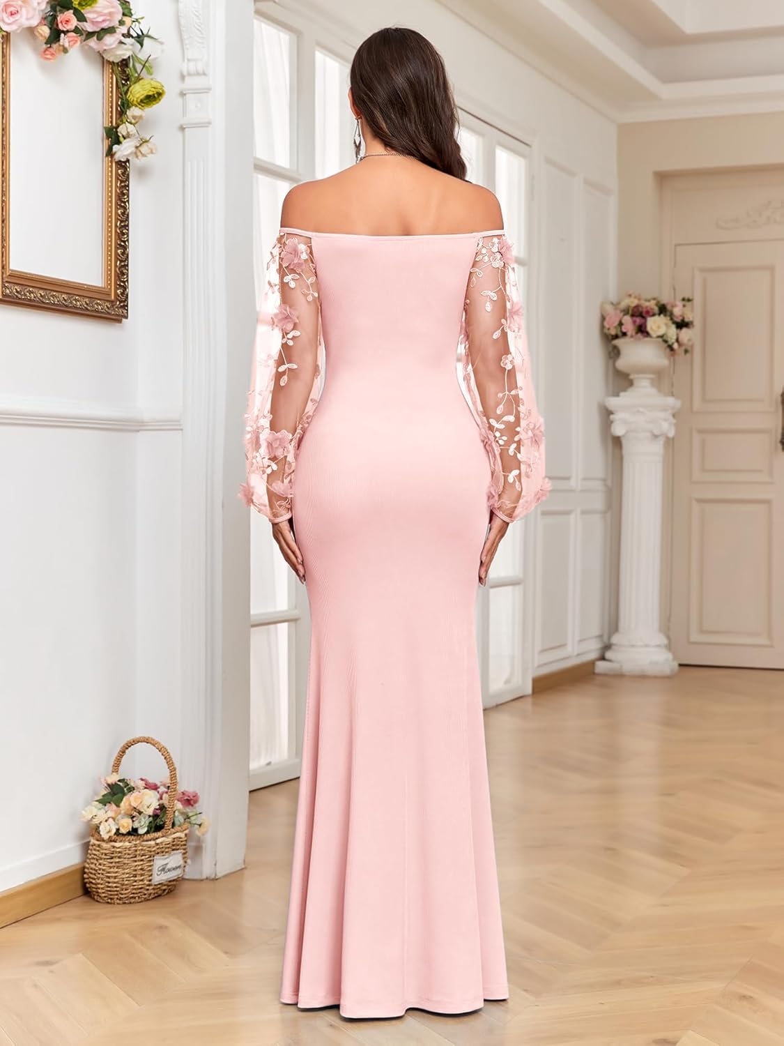 CYCLAMEN Off-Shoulder Maternity Evening Gown 3D Floral Mesh Sleeves Formal Mermaid Maxi Dress for Baby Shower Photoshoot
