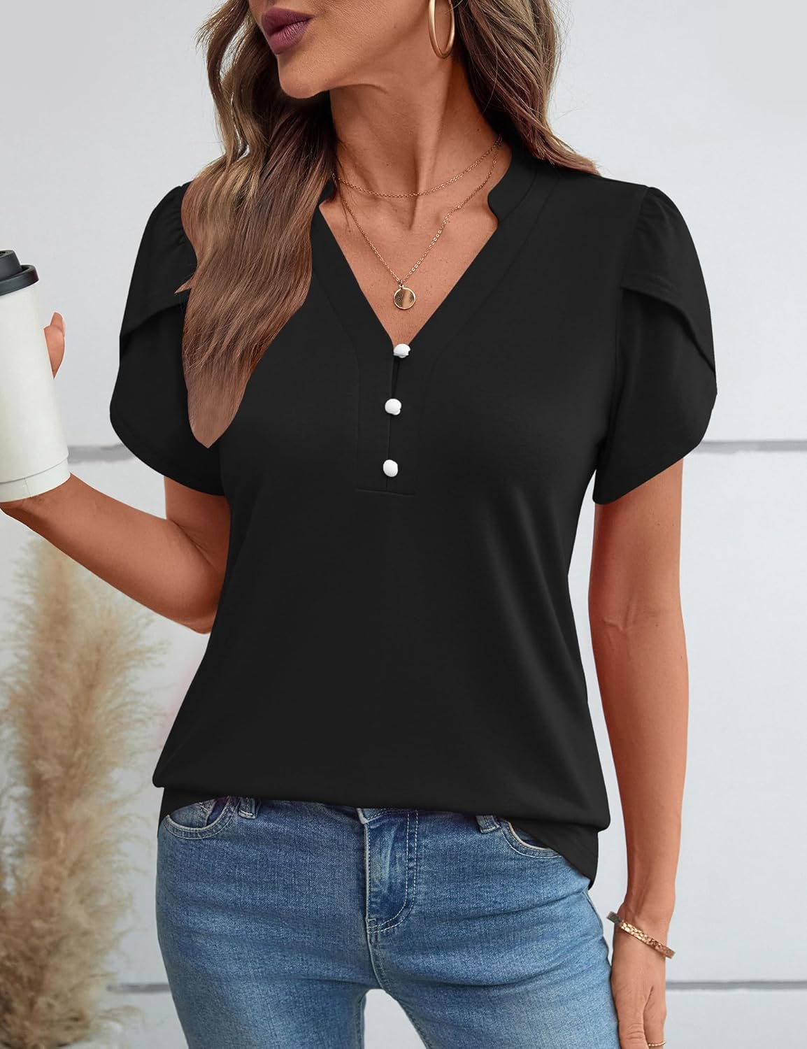 Rapbin Womens Spring Summer Petal Short Sleeve Tops V Neck Tunic Business Work Blouses Fashion 2026 - Image 3