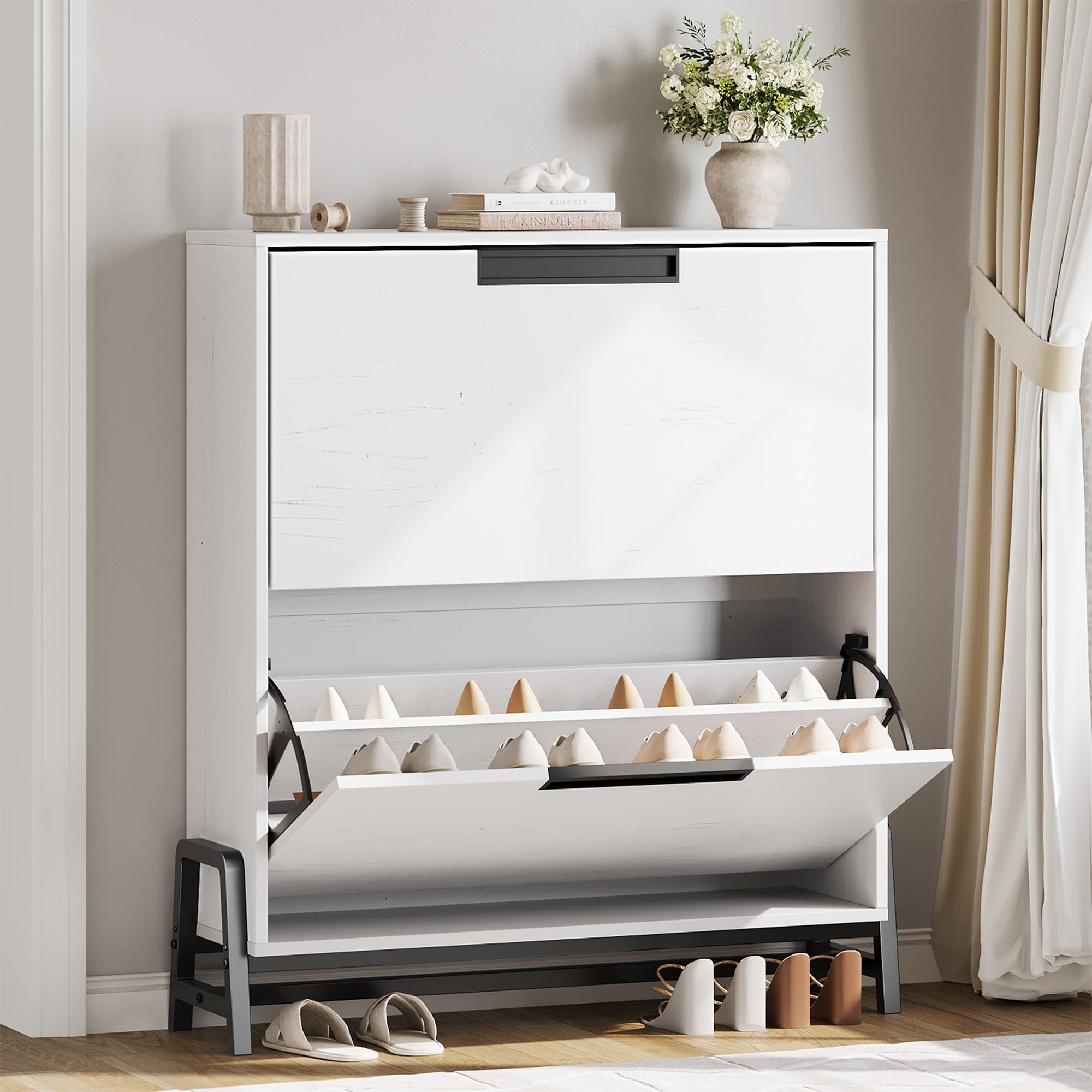 Garvee Narrow Shoe Cabinet Storage for Entryway with 2 Flip Drawers, Wood Shoe Rack Cabinet with Metal Legs, Freestanding Shoe Organizer for Hallway,