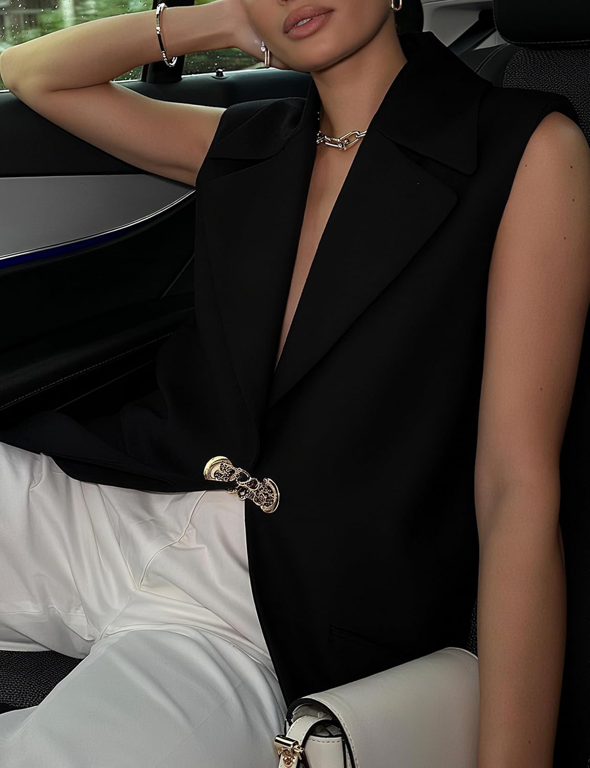 oshoplive Women’s Long Sleeveless Vest Blazer Open Front Casual Longline Vests Jacket with Metal Buttons Loose Layering Coat