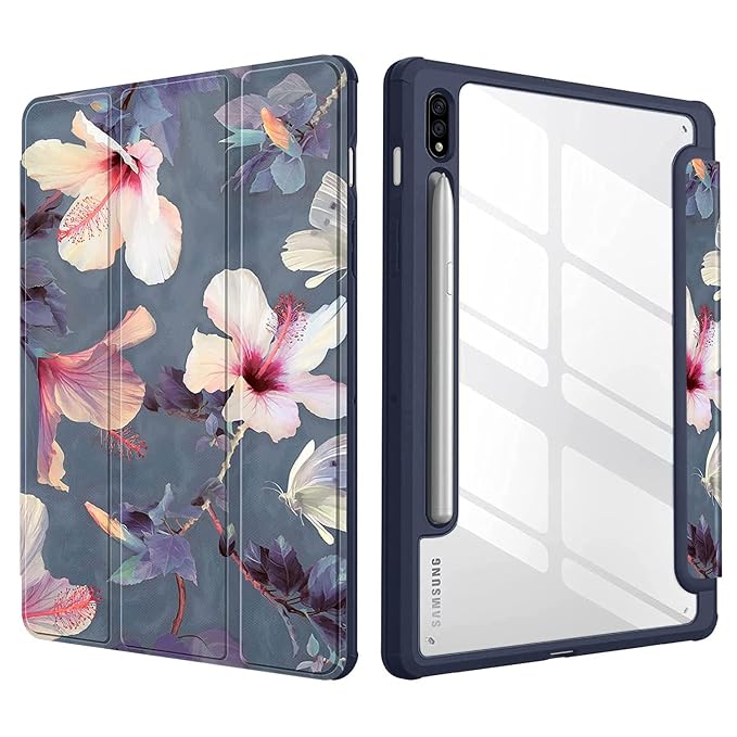 SwooK TPU Hybrid Case for Samsung Galaxy Tab S8 / S7 11 inch SM X700 X706 T870 T875 T878 with S Pen Holder Shockproof Clear Back Shell Auto Wake/Sleep Flip Cover Case (Hibiscus)
