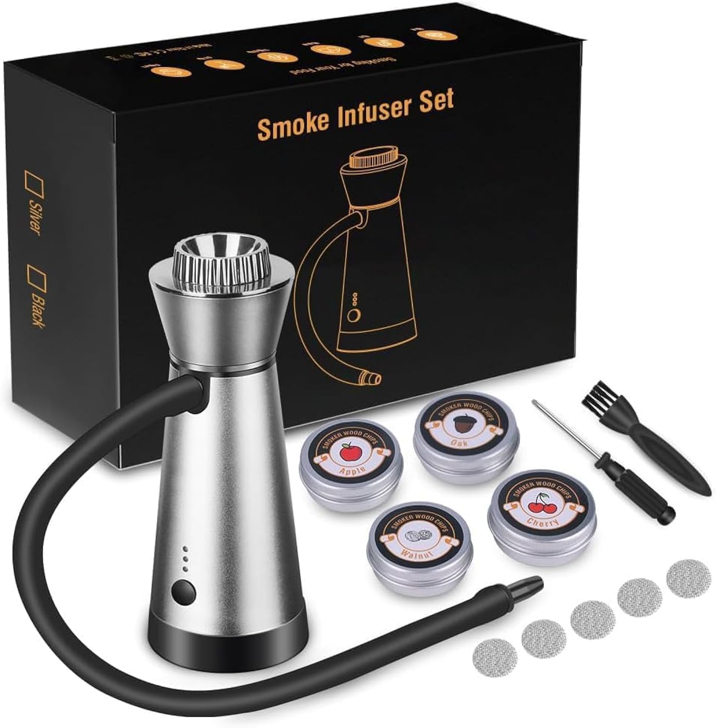 NALACAL Whiskey Smoker Kit, Cocktail Smoker With Third Gear Adjustment/Metal Burning Chamber 12PCS, Wood Chips, Cold Smoke for Food and Drink - Gifts for Father (Silver)