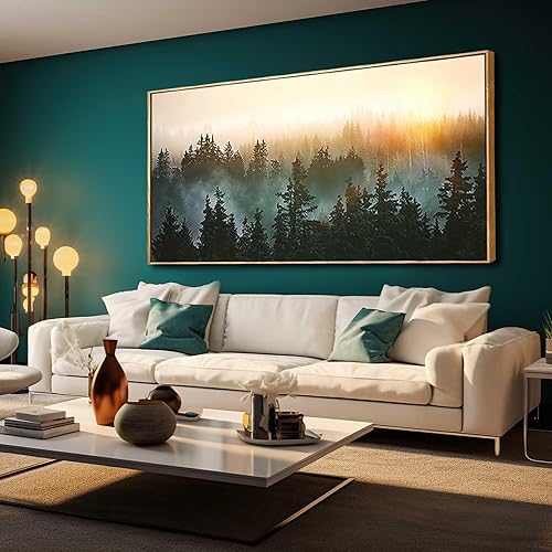 Miniatura 2 de YJYart Lienzo Grande de Bosque Brumoso Arte de Pared Pintura de Paisaje de Montaña 30x60 Pulgadas Arte de Pared Enmarcado para Dormitorio Sala de