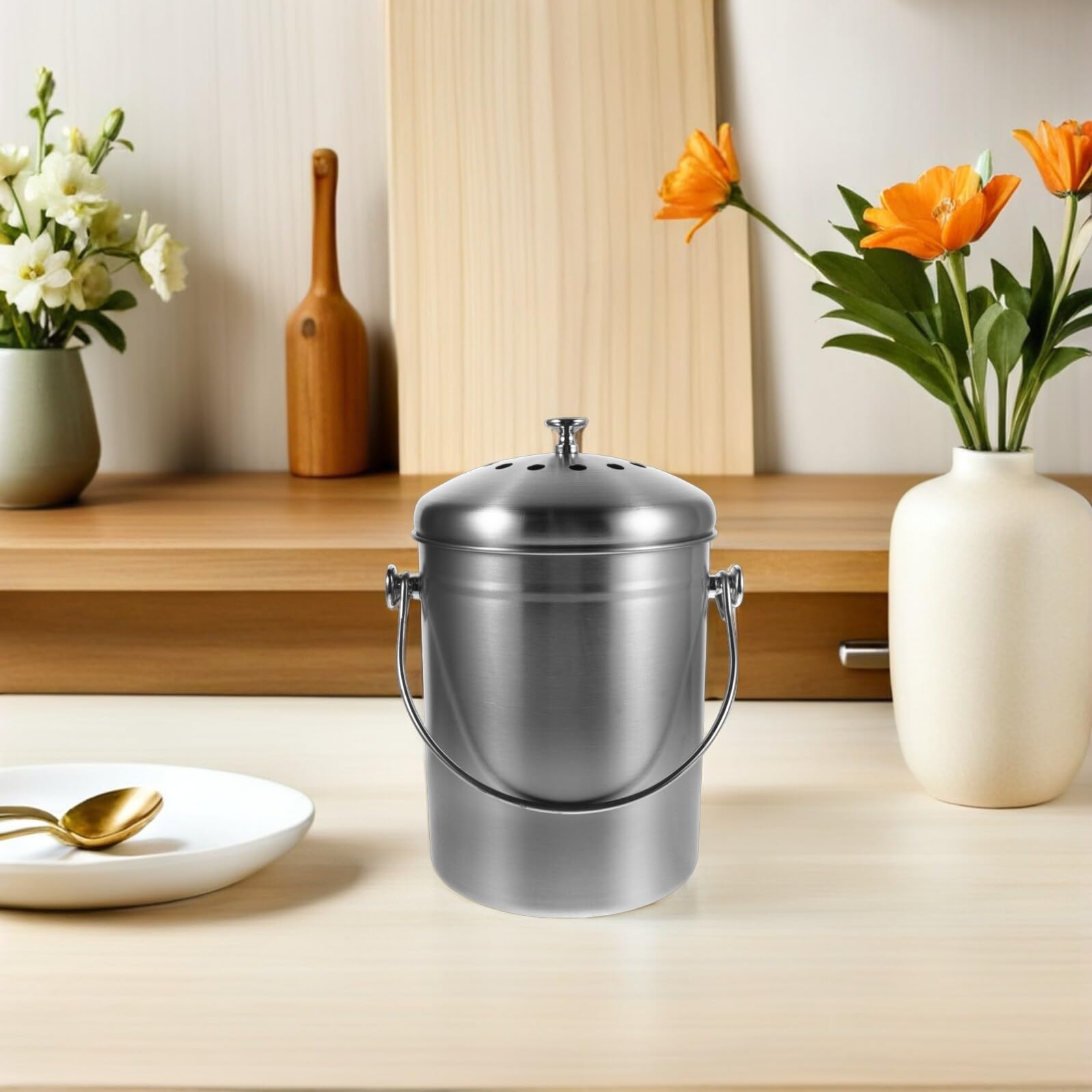 Kompostbehälter für Edelstahl 5l mit Geruchsdichtem Deckel und Aktivkohlefilter Kleiner Biomülleimer Robust und Verschleißfest Küche für Arbeitsplatte